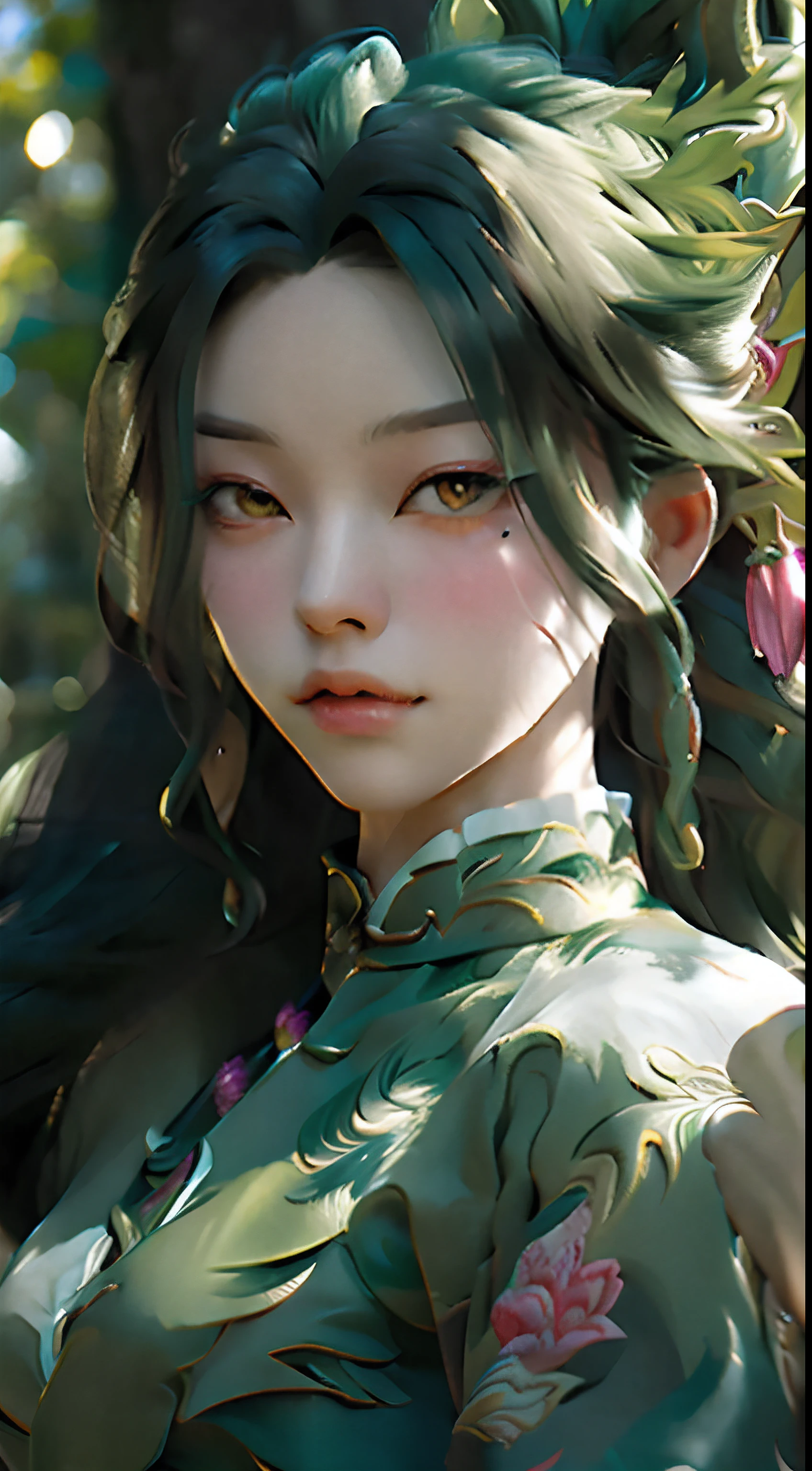A detailed illustration of pretty Black girl, long green hair with flowers in hair, ponytail, brown skin, wearing a brown ethereal outfit, goddess style, plant powers, style cartoon, colors, two-dimensional, planar vector, character design,gold details, Studio Ghibli style, soft tetrad color, vector art, fantasy art, watercolor effect, Alphonse Mucha, Adobe Illustrator, digital painting, low polygon, soft lighting, aerial view, isometric style, retro aesthetics, focusing on people, 8K resolution, octane render