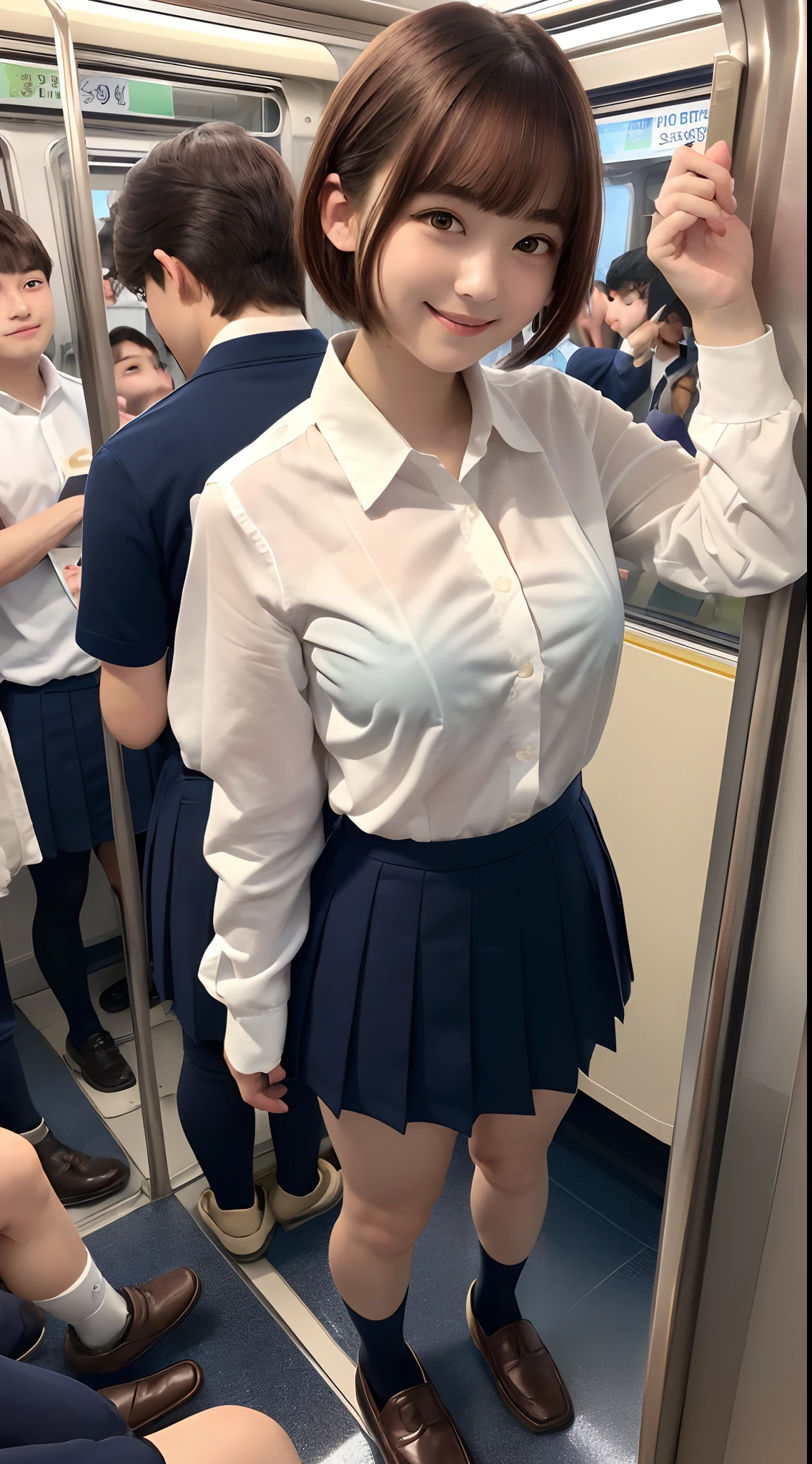(8K, 超A high resolution, Best Quality, masutepiece:1.2),(18year old:1.2)、(Look away)、8K、RAW portrait of japanese girl、Photorealsitic、超A high resolution、top-quality、 (quite massive chest、Hide all breasts:1.2)(hi-school girl、White collared shirt、Navy pleated mini skirt pretty short:1.3)、(Standing in a crowded train full of high school students、Surrounded by high school boys:1.4) Charming smile、(Mushrooms cut for brown hair、Black loafers、Navy Socks:1.2)Drawing from the side