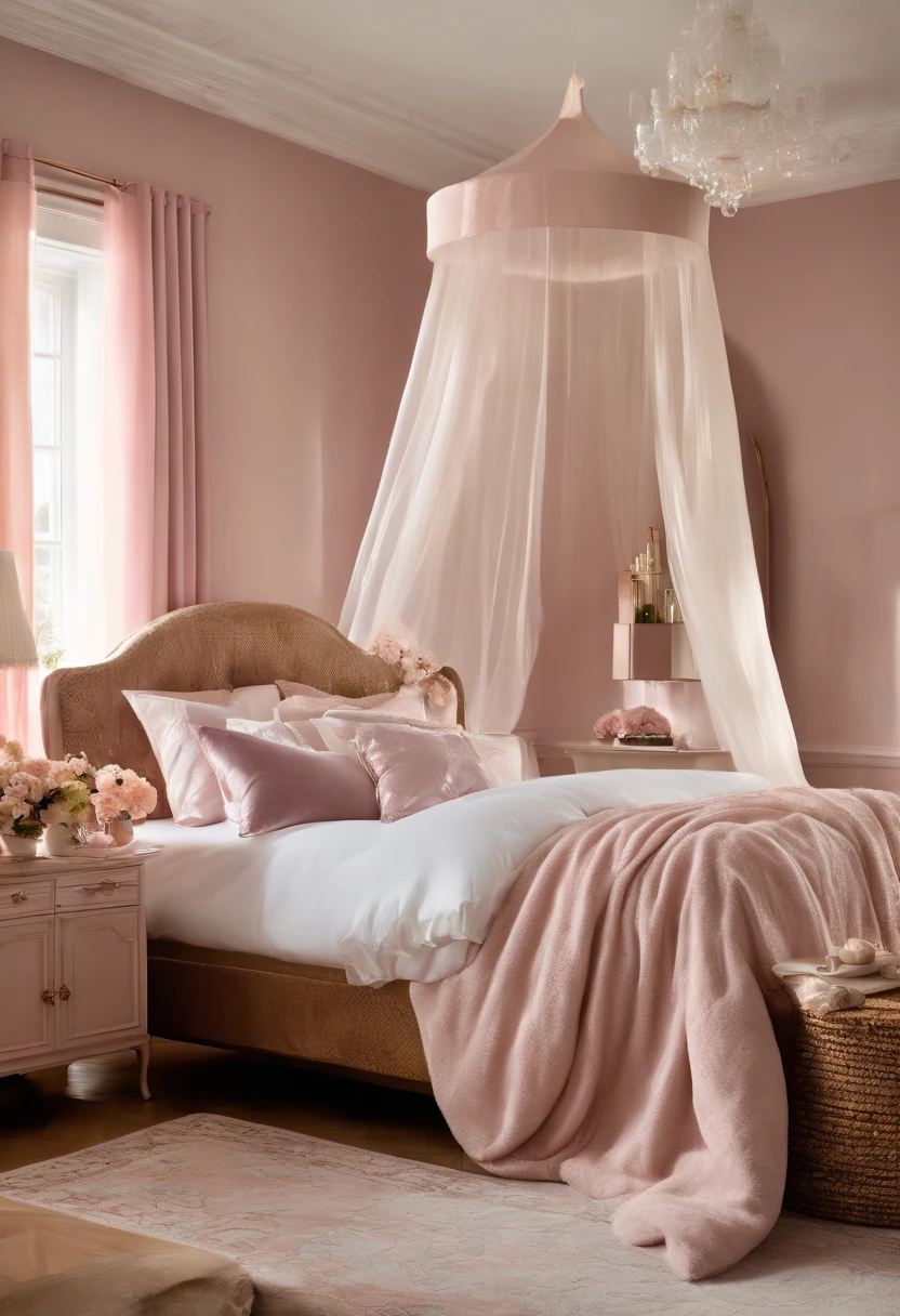 fromabove, ((Best quality at best)), ((A masterpice)), (specifics) fromabove, ((Best quality at best)), ((A masterpice)), (specifics). a cozy, pastel-hued bedroom fit for a modern princess. The walls are adorned with delicate floral wallpaper in soft shades of pink and lavender, giving the room a feminine and inviting atmosphere. A canopy bed with flowing sheer curtains takes center stage, dressed in plush, rose-colored bedding with fluffy pillows. photo shoot with a Canon EOS Mark V camera, - 80 mm anamorphic lens, ISO 100, shutter speed 1/1450s, Autofocus perfectly captures depth between shots, ultra sharp image. The contrast and colors perfect. The model for this shoot had a striking resemblance to the amazing actress Bruna Marquezine, confidently posing with boldness. Her facial features were impeccably defined, characterized by honey-colored eyes that captivated the lens. Every strand of her hair was meticulously styled to perfection。 Her skin is、Transparent、Healthy, She、Often wear colorful string bikini. She、Often pure and intelligent、Gives an innocent and adorable impression。,( Large breasts, Huge breasts, giant breast, a large breast:1.2、naked bathrobe). Focus: 1.2, Perfect Body Beauty: 1.4, Buttocks: 1.2, (Gigantic Breasts: 1.4), (Gigantic hip: 1.8), Highly Detailed Face, (((Long brown Hair))), (Shut Up: 1.3), (upper body focus:1.2), seductive, see-through pajamas, in bed