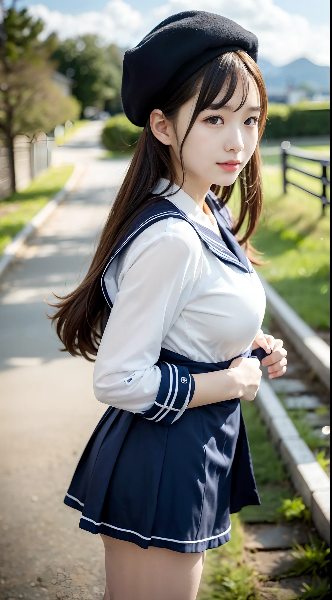 mix4, (16 K, Raw photography, Top image quality, ​masterpiece: 1.45), (realisitic, Photorealsitic: 1.37), one girls, 7．5, etc、Random hairstyle、Standing figure，Morning time slot、a very cute,countryside view,, profetional lighting, photon maping、physically-based renderingt, Gradient dark brown hair,Crisp backgrounds and high resolution, a handsome, Well-groomed and beautiful eyes、Large double eyelids、Very shiny、girl with, (((student clothes、Winter clothes、Sailor suit worn by Japan schoolgirl、Navy blue sailor color、scarf、a miniskirt, Small beret、high socks、lowfers))), Top Quality Photos, hight resolution, 1080p, (clearface), (Detailed face description), (Detailed hand description), (​masterpiece), (Exquisite CG)、extreme light and shadows、dishevled hair、master work、abundant detail、(Fine facial features)、(top quality photo)、(masuter piece)、(A detailed eye)、Look in front of you、Fine clavicle、((Slender big))、(((Japan schoolgirl in sailor suit)))、((Idle system))、((country、train track、railroad crossing、Mountains in the distance々))、(((neat and cute)))、耳Nipple Ring、A big smile、Drawing the whole body from the knees、Do not draw nasolabial folds、(((Cute sailor suit)))、(Big breasts that hang down big:1.2)、Big buttocks with tension、Two arms and two legs、(((from the front side:0.3)))、bare hand、No mask、