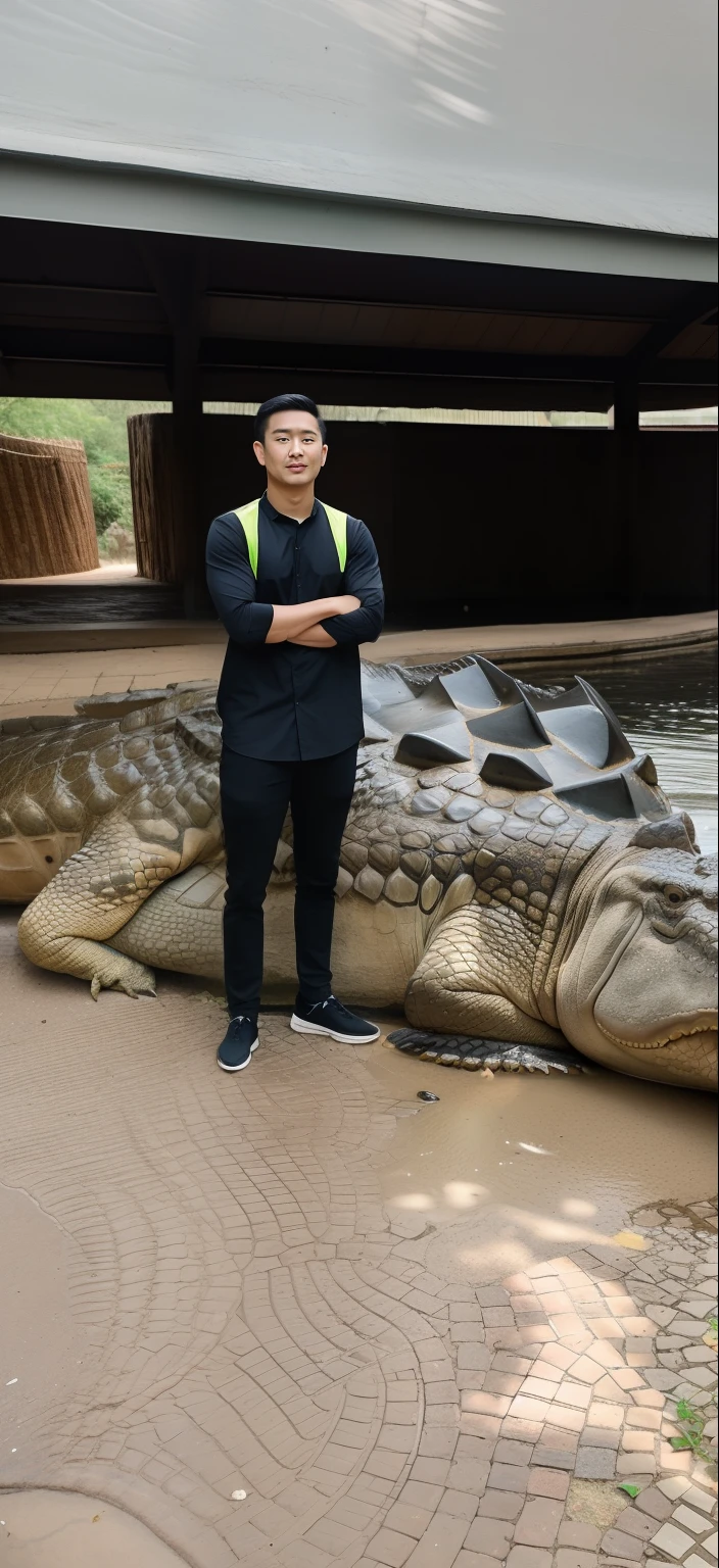 there is a man standing in front of a crocodile in a zoo, real picture taken in zoo, inspired by Abidin Dino, taken in zoo, taken with sony alpha 9, picture taken in zoo, crocodile loki, taken with canon 8 0 d, full body photogenic shot, taken with the best dlsr camera, photo of crocodile, Fit shirt, Big Shoulder, Big Arm, Big chest