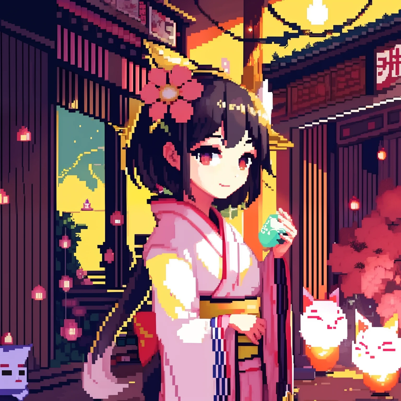 schoolboy,ssmile, Boy's gray kimono, Black hair, Lots of torii, Completely in pixel art,, Holding a fox mask,natta, Glowing flowers,blue fireflies,ln the forest