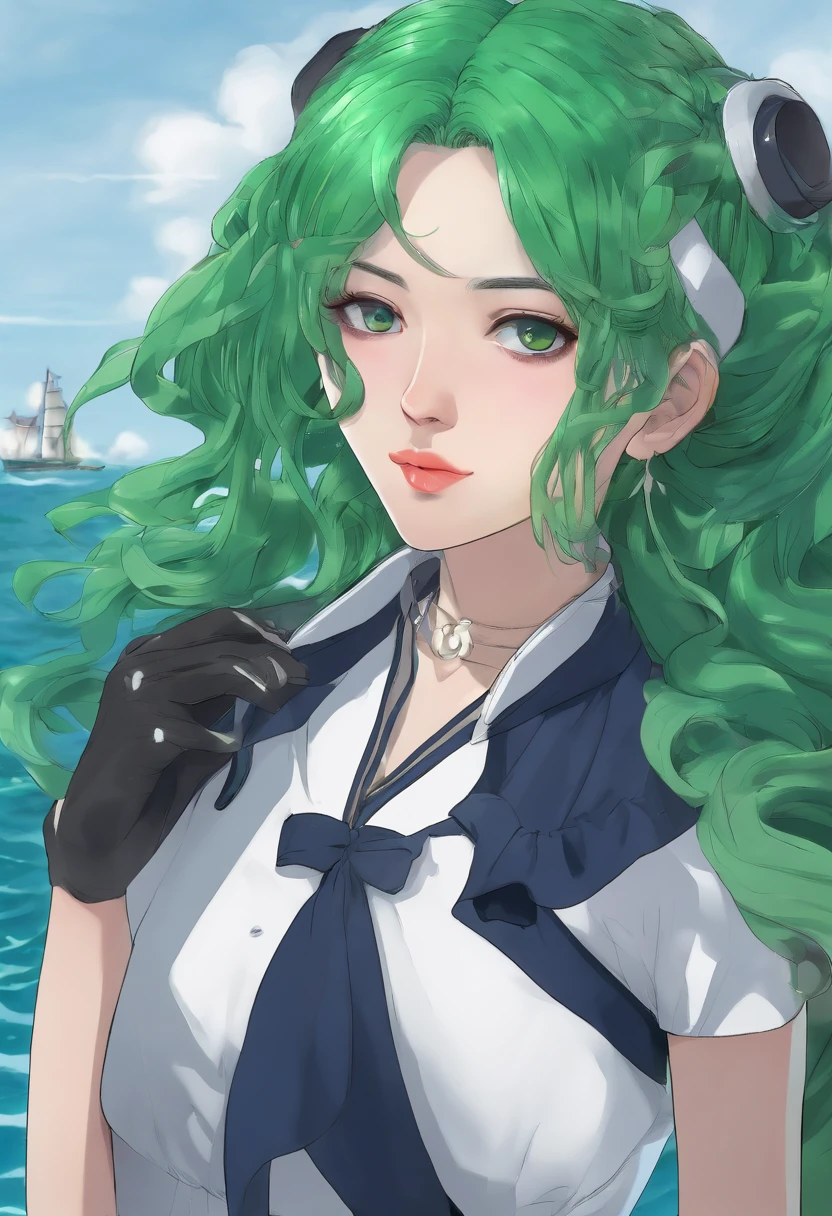 woman, Realistic character, Green hair, dressed with a green and white dress, anime big breast, Alone, modern, Cyberpunk