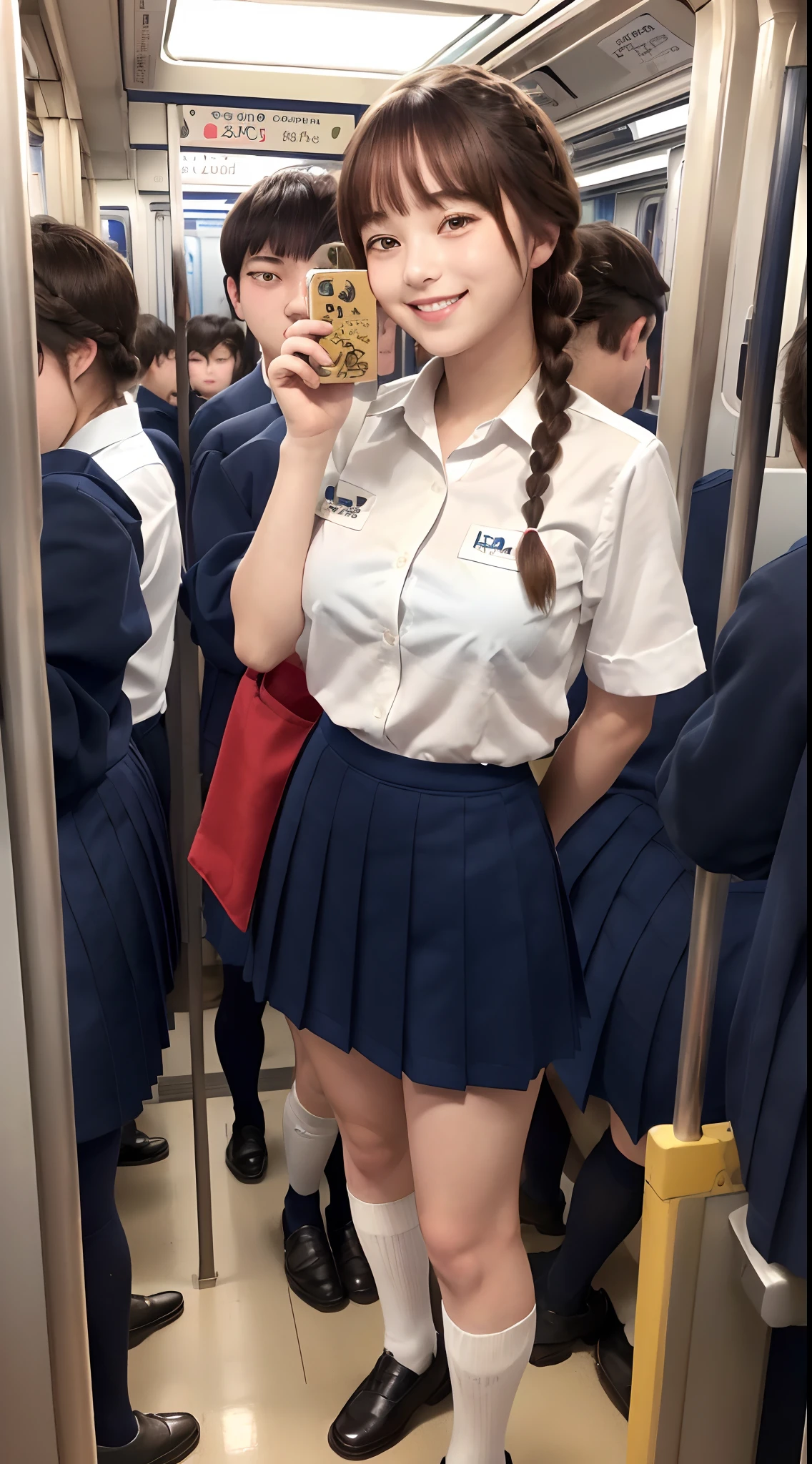 (8K, 超A high resolution, Best Quality, masutepiece:1.2),(18year old:1.2)、(Look away)、8K、RAW portrait of japanese girl、Photorealsitic、超A high resolution、top-quality、 (quite massive chest、Hide all breasts:1.2)(hi-school girl、White collared shirt、Navy pleated mini skirt pretty short:1.3)、(Stand in a crowded train full of high school students、Surrounded by high school boys:1.5) Charming smile、(Brown hair long hair braid、Black loafers、Navy Socks:1.2)Drawing from the side