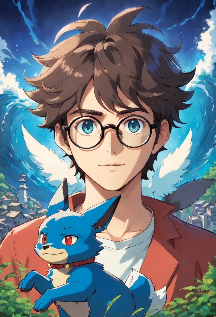 Homem de cor morena, of glasses and wavy hair, com Lucario