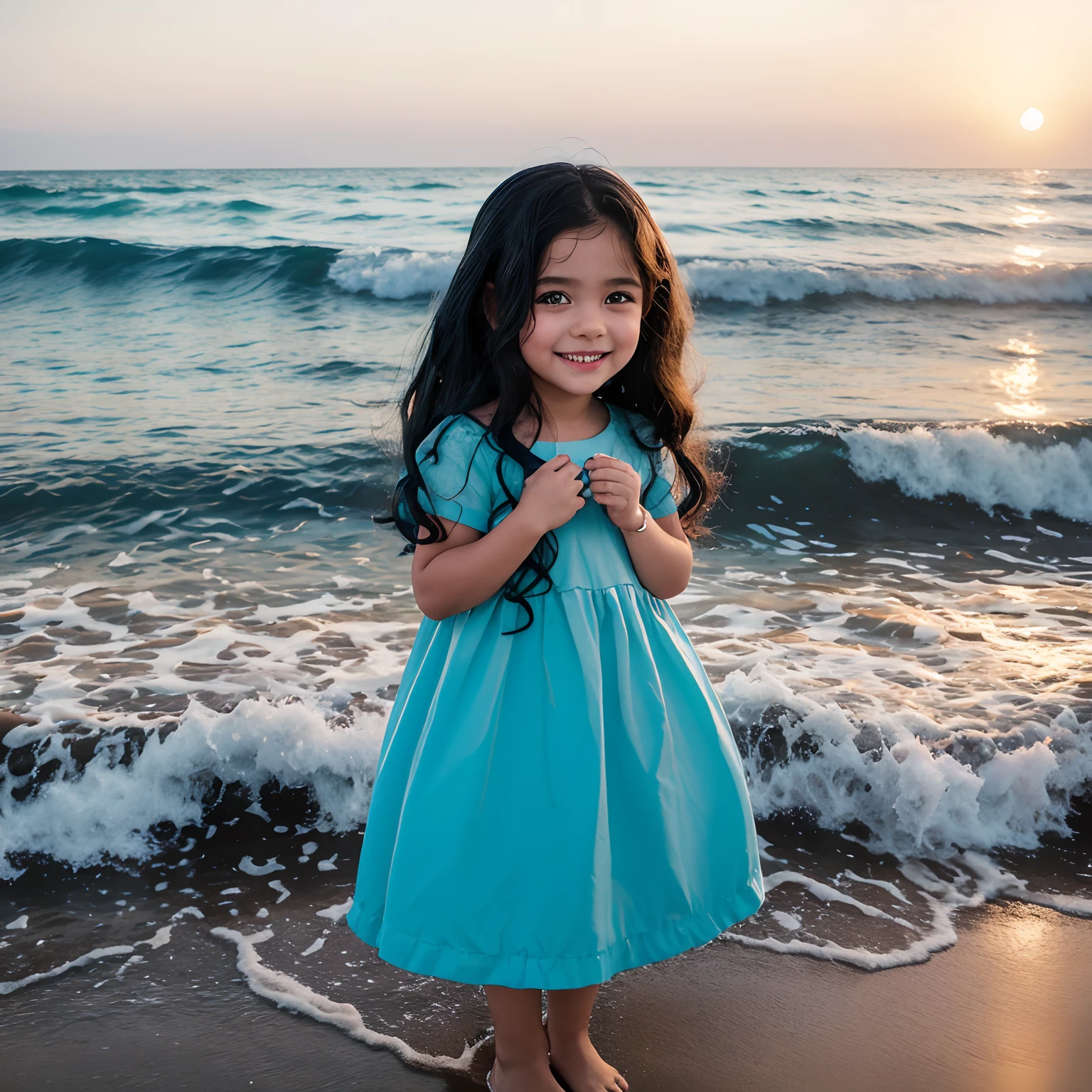 a 3-year-old child, brincando de rainha do mar, sorridente na areia da praia. Usa um lindo vestido azul claro, The atmosphere is at dusk, with a beautiful sunset. Com lindos e brilhantes olhos azuis claro. Her hair is big and black.  Na areia da praia tem algumas conchas e estrela do mar.  hiper-realista, 8k, Ultra HD | | | | | | | | |, Estilo Pixar, Estilo Disney, CIENMA 4D, --AR 3:2**