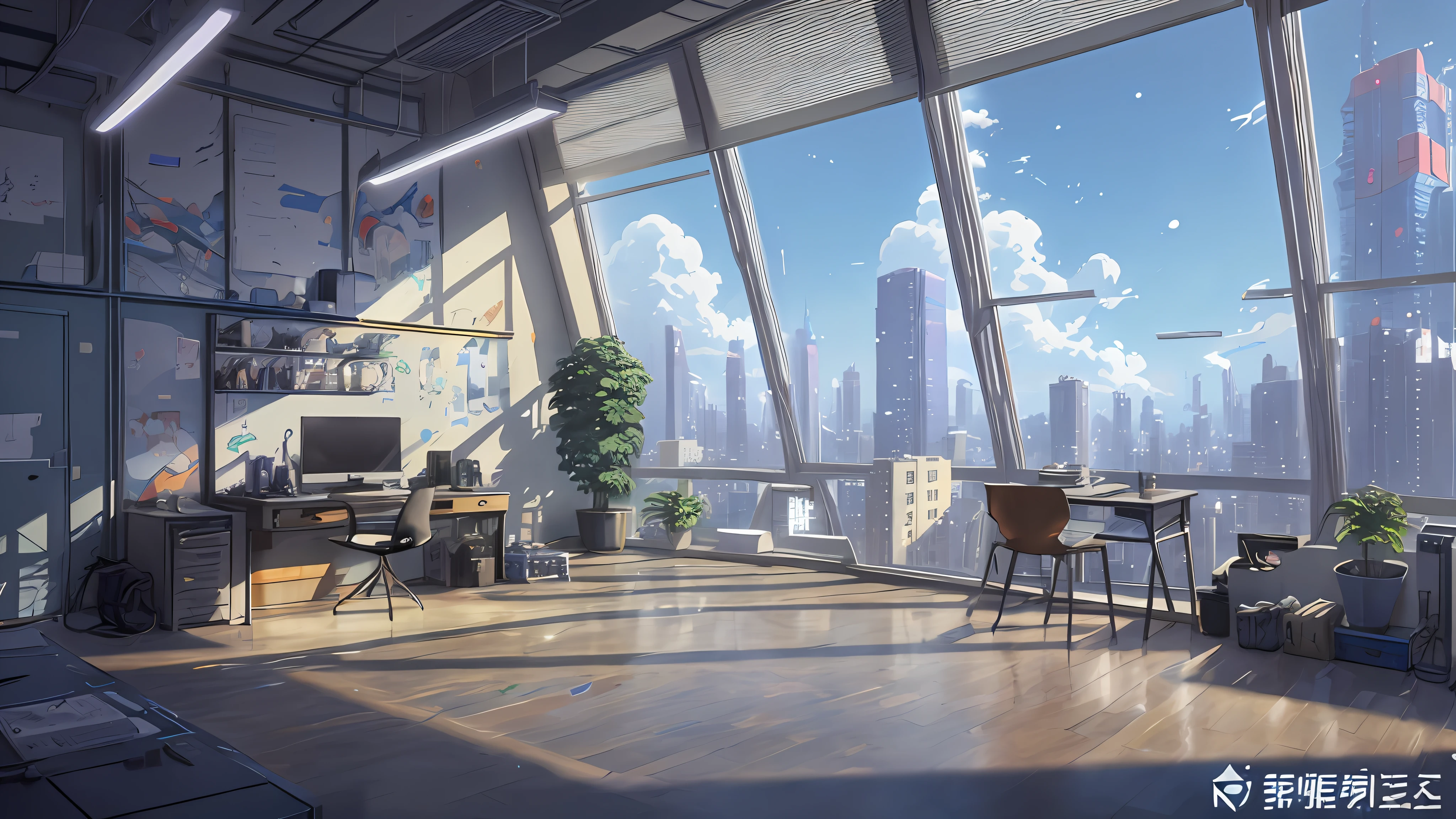 there is a room with a lot of windows and a desk, anime background art, studio glibly makoto shinkai, anime scenery concept art, mirrors edge art style, anime background, hd anime cityscape, in style of makoto shinkai, style of makoto shinkai, by sylvain sarrailh, ross tran. scenic background