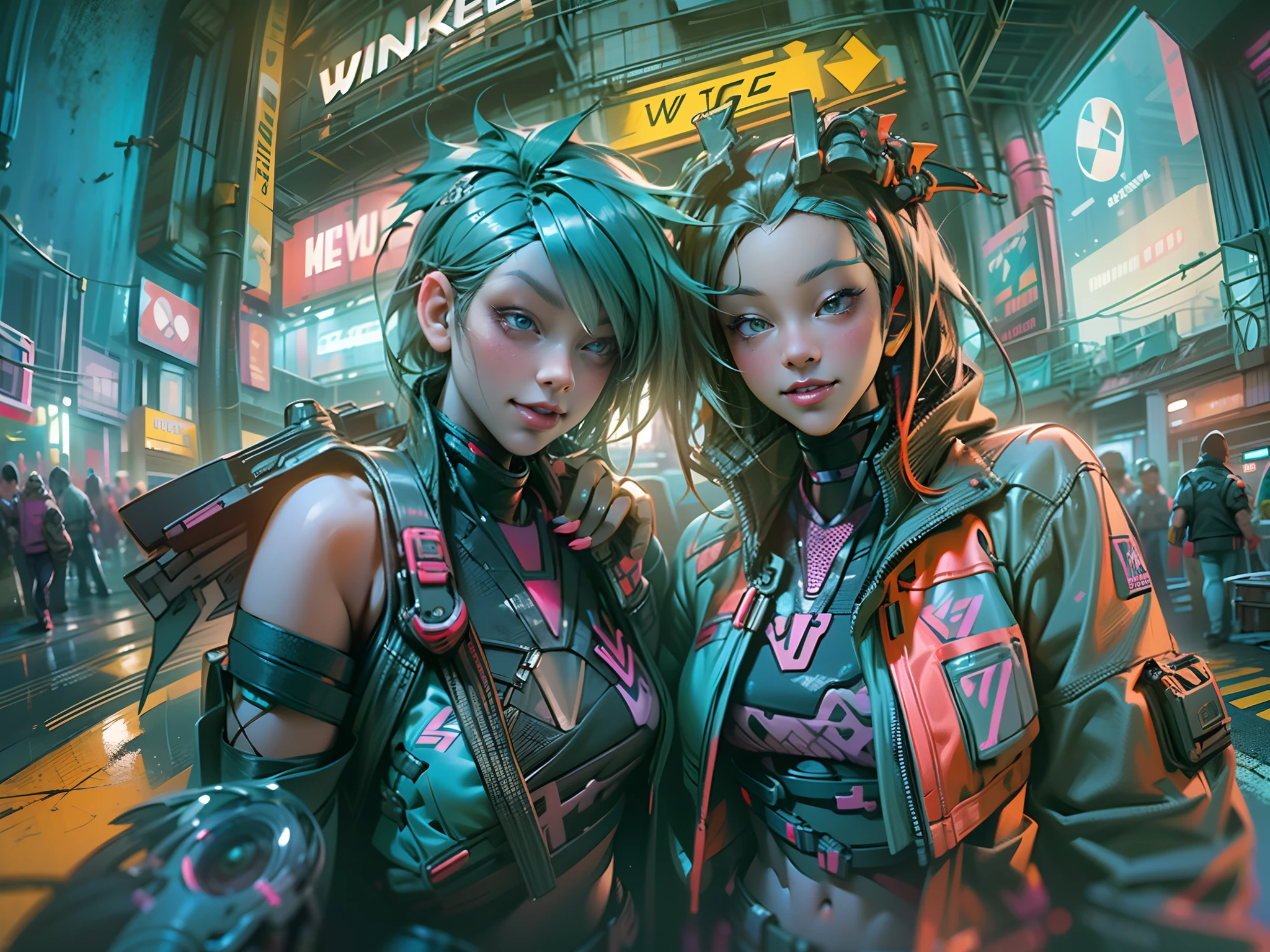 ((2 cyberpunk girls wearing colorful Harajuku style pop outfit)), ((((fisheye lens)))), cowboy shot, wind, messy hair, ((cyberpunk 2077 cityscape)), (cyberpunk aesthetics and atmosphere:1.3), bright colors, smiling, ((cinematic lighting))