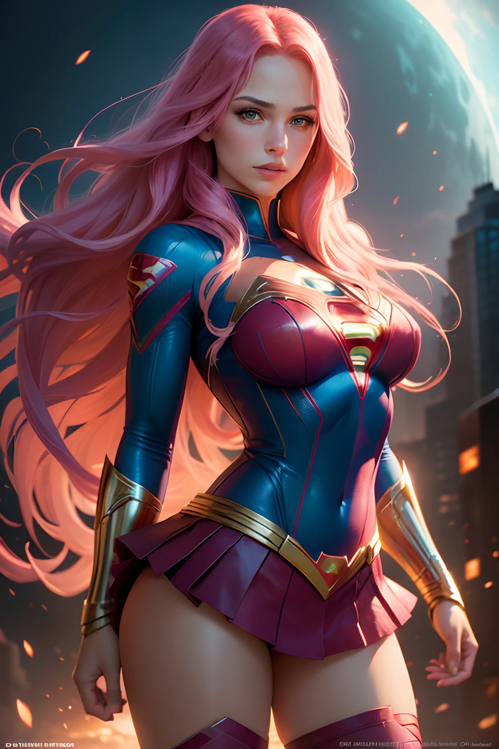 (best quality,ultra-detailed:1.2),beautiful sexy young woman,full kissable lips,long flowing pink hair,(realistic:1.37),(Marvel Comics:1.1),(DC Comics:1.1),(Phoenix Supergirl fusion),bouncing breasts,vivid colors,portrait,superhero,vibrant lighting,comic book style
