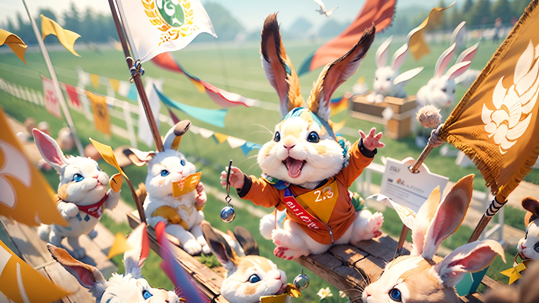 (A high resolution,Masterpiece:1.2),Animal Olympics,personification,Diverse animals,The rabbit wins,Award ceremony,Red flag, Colorful participants, Detailed animal renderings, Reality anthropomorphizes, dynamicposes, Cheerful ambiance