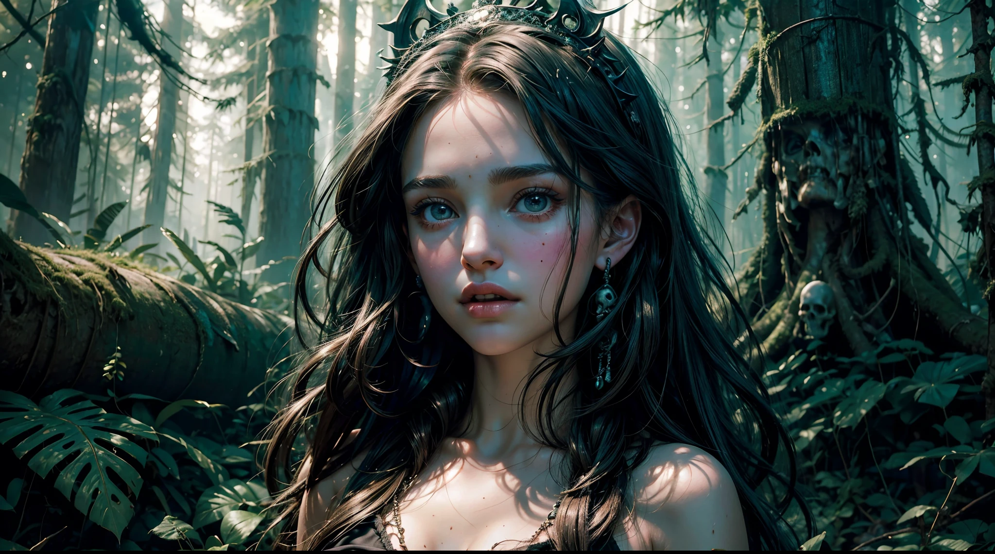 a Natalie Portman dressed emerges as a captivating figure amidst the dense forest. her physical appearance tells a story of tragic transformation and decay, evoking both fascination and a sense of unease. the teenage necromancer girl's once-youthful countenance is marred by the relentless grip of decay. skulls. totems. voodoo magic.