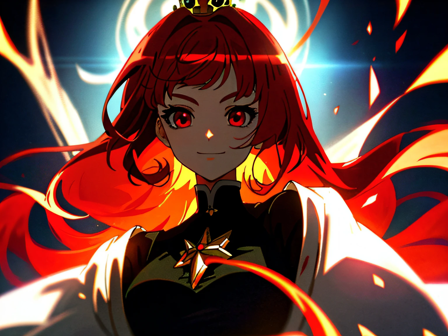 ((Masterpiece)),(((Best quality))),(full bodyesbian),illustration,1个Giant Breast Girl,Hair color,By bangs,hairstyle fax,Eyes,The environment changes,hairstyle fax,The Dark Princess of Blood-Eyed, Red hair, crown, Evil smile, Anime style, Lens flare,As estrelas,charturnbetalora,(simplebackground,white backgrounid:1.3),--6