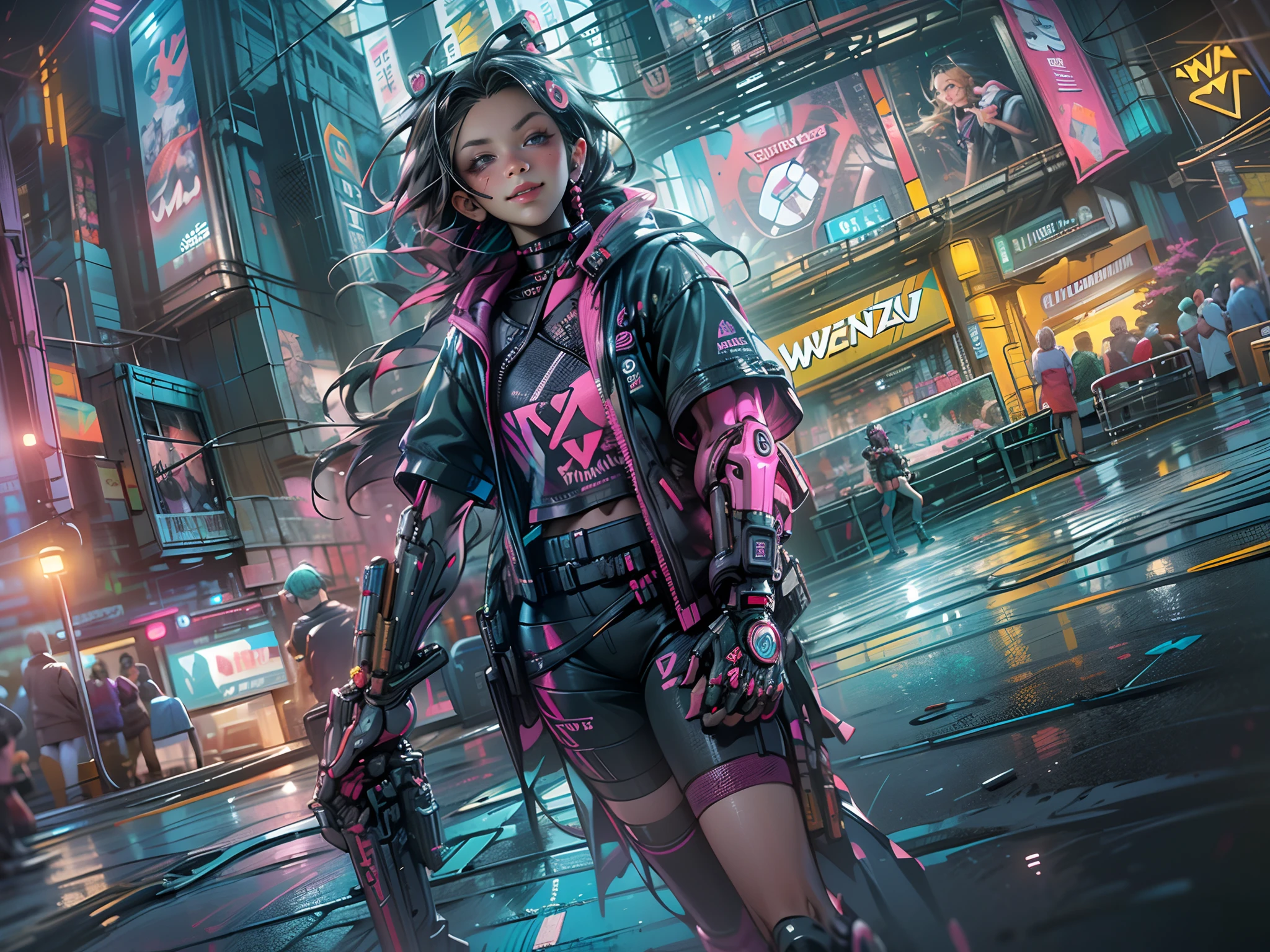 ((2 cyberpunk girls wearing colorful Harajuku style pop outfit)), ((((fisheye lens)))), cowboy shot, wind, messy hair, ((cyberpunk 2077 cityscape)), (cyberpunk aesthetics and atmosphere:1.3), bright colors, smiling, ((cinematic lighting))