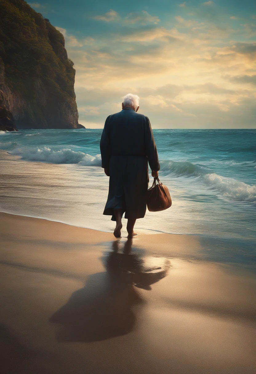 sad old man walking into the ocean, anime style