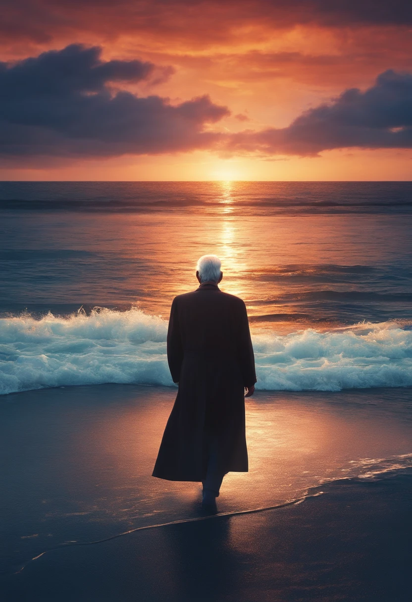 sad old man walking into the ocean, anime style