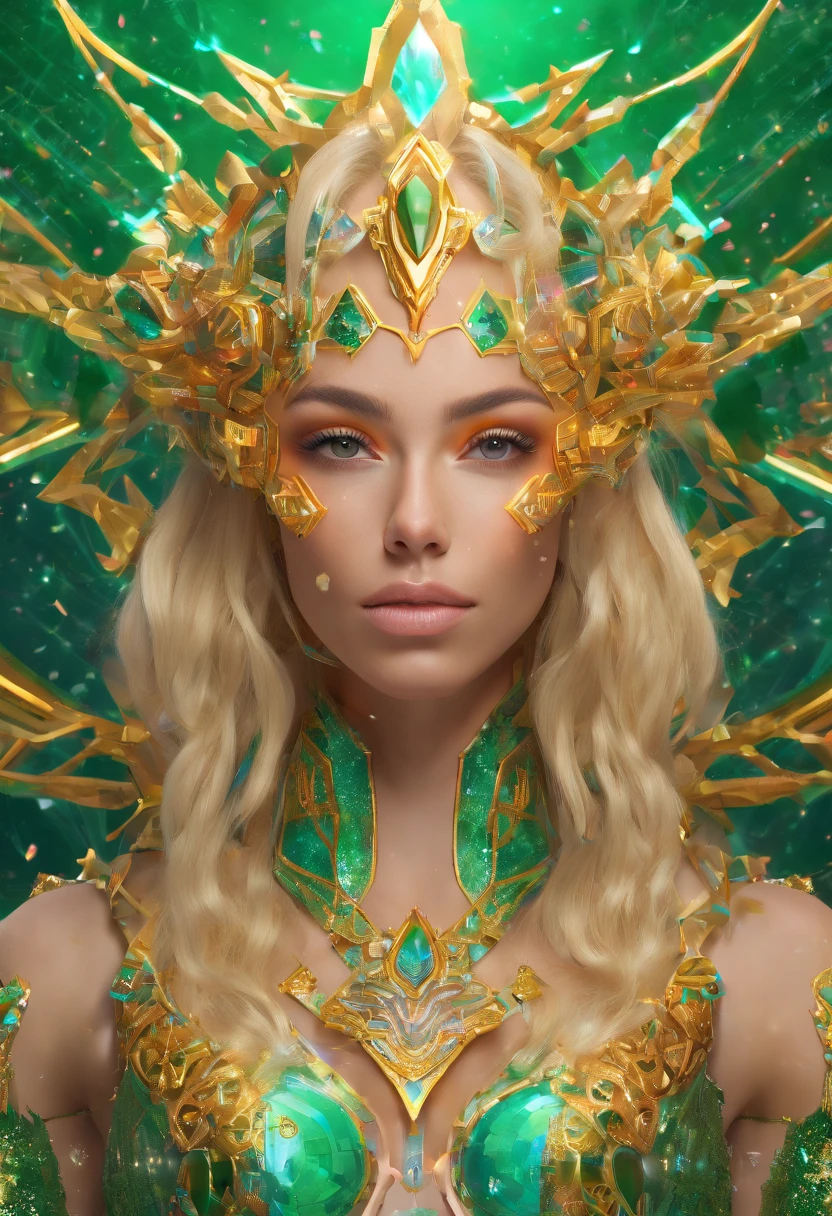 (RAW Photo, best quality), (Hyper Realistic),16k,(realistic, photo-realistic:1.5), Masterpiece,ultra high res, Stunning, Beautiful Milf Latin Brazilian Woman Goddess of Multiverse, Impossing Pose, Athletic Body, Suntan Skin, Wearing Egyptian Jewels Futuristic Cut Armor and Cloak with Intricate Isometric Fluid Galaxy Bioluminescence Effects, symmetrical, with Galaxies orbiting her body, perfect detailed face, detailed symmetric circular Green iris pupils, ((Gorgeous Long Blonde Fluid Hair)), high detailed Skin, Realistic, intricately detailed, cinematic, Isometric, awesome full color, gritty, mucha, klimt, 16k, hight definition, cinematic, neoprene, behance contest winner, portrait featured on unsplash, smooth, ultra high definition, ultra sharp focus, intricate artwork masterpiece, ominous, epic, TanvirTamim, trending on artstation, highly detailed, vibrant
