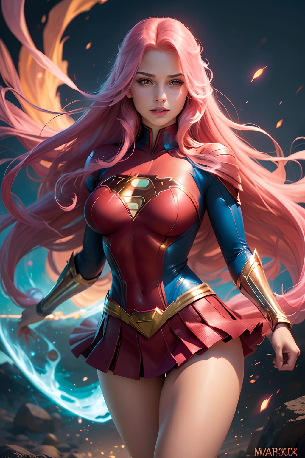 (best quality,ultra-detailed:1.2),beautiful sexy young woman,full kissable lips,long flowing pink hair,(realistic:1.37),(Marvel Comics:1.1),(DC Comics:1.1),(Phoenix Supergirl fusion),bouncing breasts,vivid colors,portrait,superhero,vibrant lighting,comic book style