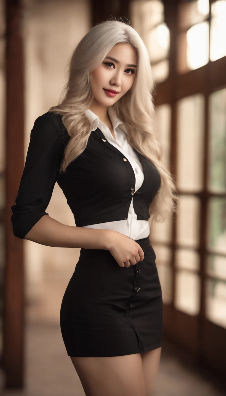 professional, (4k-photo:1.1) By (JeremyLipking:0.3), (Dietman Anna:0.3), (arian mark:0.3), (Sharp focus:1.3), High detail, Wearing (Low-top shirts:1.2), Beautiful detailed face, browneyes, Long hair, (Attractive young woman:1.3), (Seductive:1.1), (Blushing:1.1), Hourglass body type, great circle, Wide buttock, blonde goddess, tight costume, tight attire, seductive grin smile, Pretty face, Perfect white haired girl, satisfied pose, cute seductive smile, beautiful Chinese girl, Good young girl, Beautiful angle, Attractive pose, Cute girl, Sexy pose, gorgeous asian, Full body picture, full bodyesbian, full body shot of, Wearing a black skirt and boots