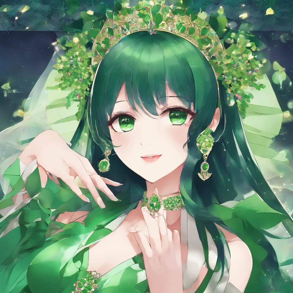 Boyish very short black hair, lipsticks, Japan woman smiling, Green Long Grove, Emerald Tia boyish very short black hair, lipsticks, Japan woman smiling, Satin green long gloves, Green Pearl Necklace, verd s eyes, Green eyes, Long green gloves made of satin material, big breasts beautiful, Green Bridal Veil, Green eyes, Emerald Earrings,emerald tiara, Green eyes