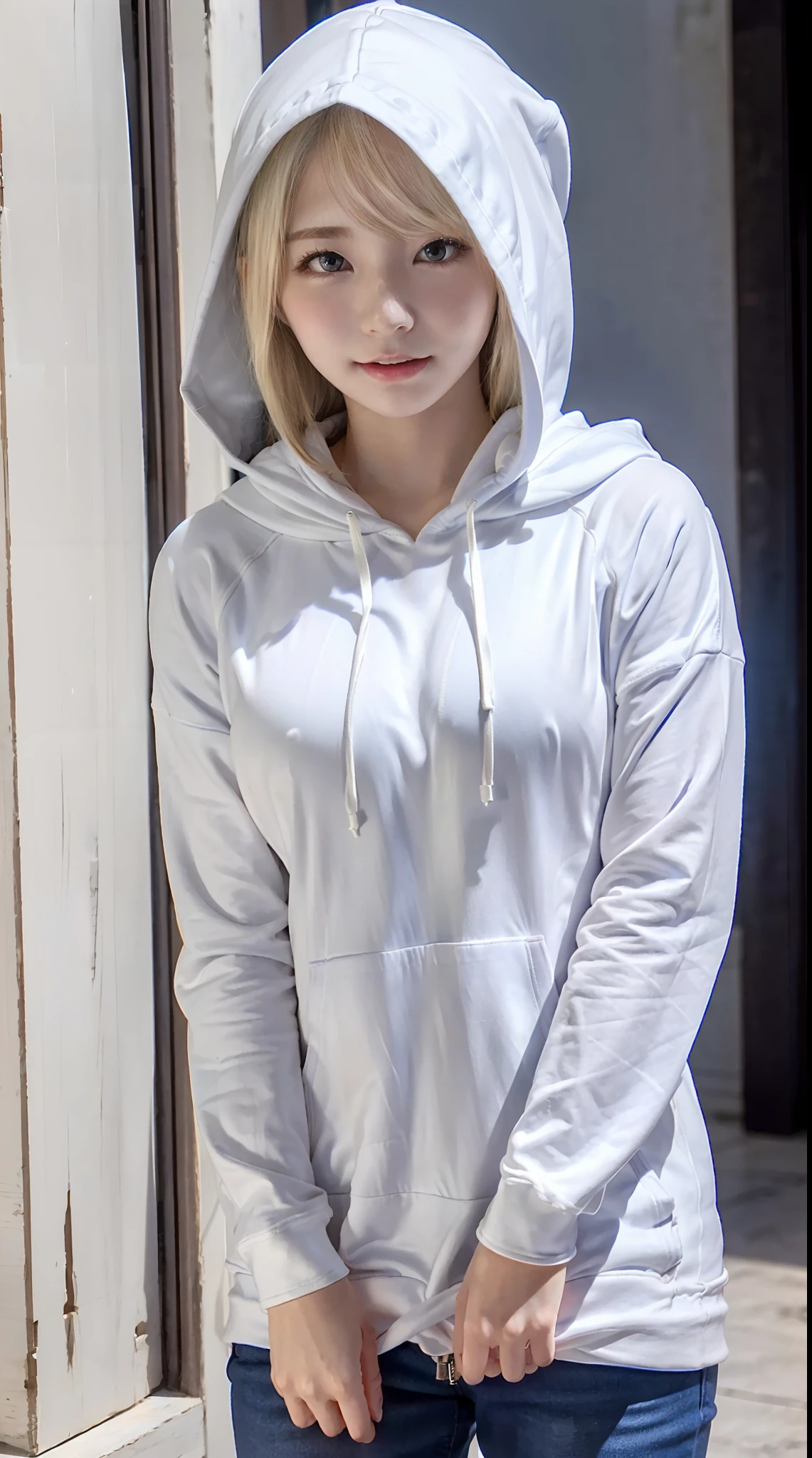 Sexy and very beautiful cute face、shiny beautiful skin、White beautiful skin、Beautiful pale light blue eyes, Beautiful very long blonde hair、(Blonde hair:1.3)、Sexy swaying bangs、18 years old cute little face beautiful girl、Long hoodie with hood、(Long white hoodie with hood:1.2)、Casual pants、(dynamicposes:1.4)、