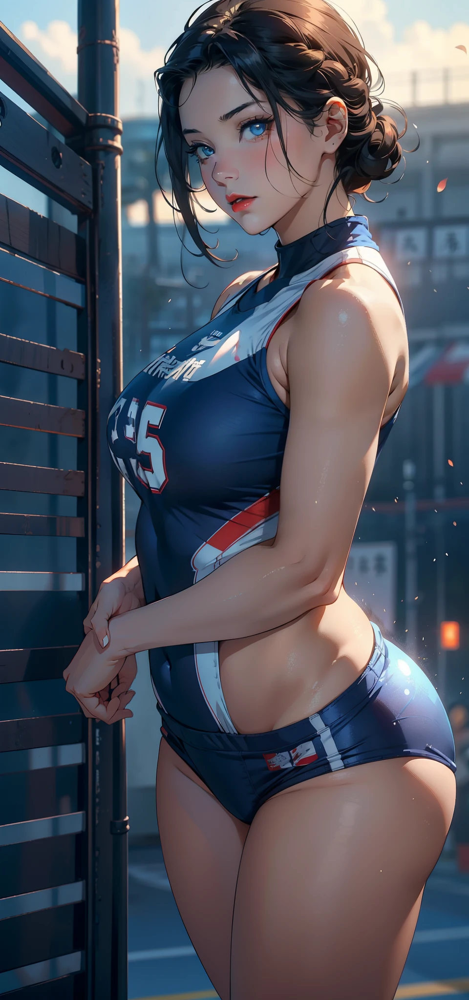 1female,35yo,A MILF,plumw,extremely large bosom, 独奏,(Background with:volleyball field), She has very short black hair,bobo head,Station,,seen from the front, hair straight, mostly cloudy sky,(((tmasterpiece),(Very detailed CG unity 8K wallpaper),best qualtiy,cinmatic lighting,detailed back ground,beatiful detailed eyes,Bright pupils,Blue eyes,(Very fine and beautiful),(Beautiful and detailed eye description),ultra - detailed,tmasterpiece,))Redlip,facing at camera,A high resolution,ultra - detailed),Camel toes,Desire for dissatisfaction,frontage,Volleyball player,(Wearing:比基尼,Bare genitalia,Bare breasts,Bare,Blue and white color scheme)Captain America uniform