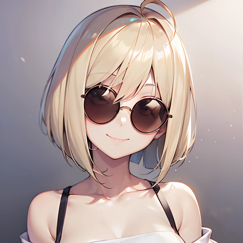 1girl, round sunglasses, no eyes, short blonde hair, bob cut, medium breast, blush, white off-shoulder shirt, smile, ahoge, 4k, portrait, simple background, looking at the camera, from the front