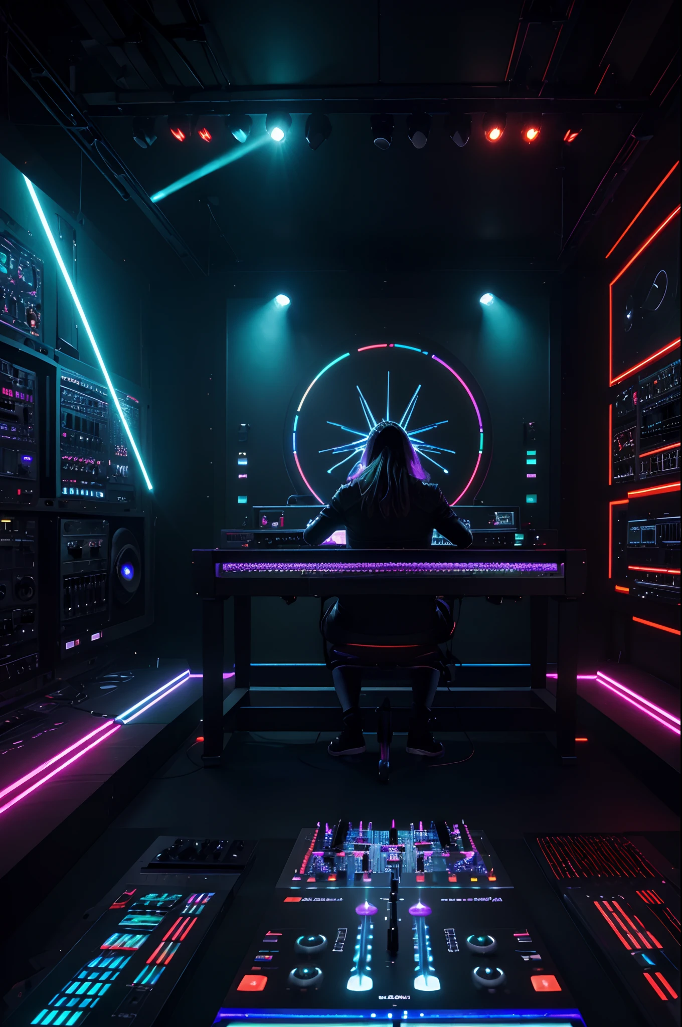 (best quality,4k,8k,highres,masterpiece:1.2),ultra-detailed,(realistic,photorealistic,photo-realistic:1.37),dark,moody,conceptual,dj,music mixing,mixing board,headphones,strobe lights,vibrant colors,studio setting,dynamic,futuristic,tech-inspired,electronic music,DJ,creative,passionate,tempo,twist knobs,adjust faders,create beats,dance floor energy,blurred background,dynamic motion lines,glowing buttons,exquisite details,sharp focus,illuminated workspace,laser-like precision,electronic sound waves,artistic expression,fluid movements,innovative equipment,professional setup,electronic dance music,inspiring atmosphere,hypnotic rhythm,audio visualization,creative energy,elevating experience,laser show,mental escape,vivid visual representation,immersive audio journey,transformative performance,energetic crowd,dynamic lighting effects,artistic mastery,electrifying ambiance,unleash creativity,vibrant energy,thrilling sensations,unforgettable experience,sonic enlightenment.