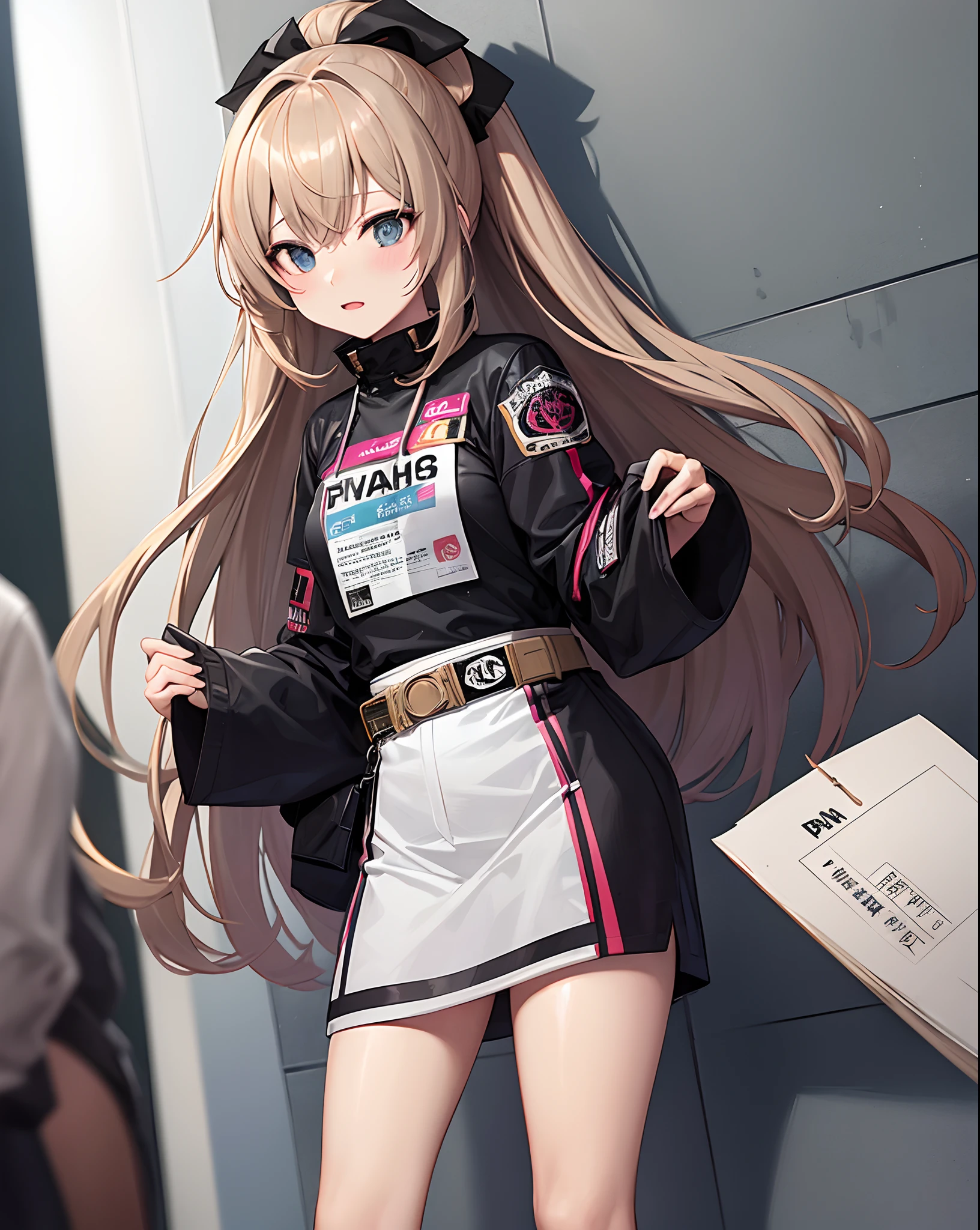 a waifu in a rave wearing Flyers info with list of list of artists names plasteered all over the clothes