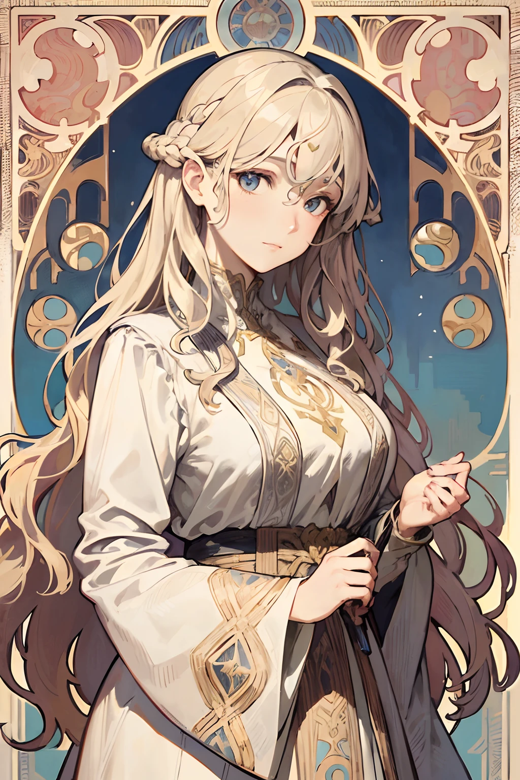 Portrait of a woman face in medieval Europe、Curly long hair、a blond、Wind Frame、Decorative panel、abstract art、By Alphonse Mucha (masterpiece、top-quality、hight resolution: 1.4)、detaileds、intricate-detail、4K、color splashes、line-drawing、Fibonacci、