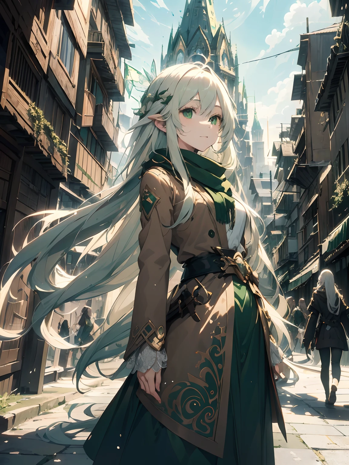 perfect face, perfect facial features, lady, ((white long hair)), green eyes, brown jacket and green scarf, natural clothes, mystical, fairy, anime, style expressive , in a urban cityscape, featuring towering buildings, bustling streets, and a dynamic atmosphere, daylight, children playing, delicate lines, flat colors, emphasis on pattern and composition