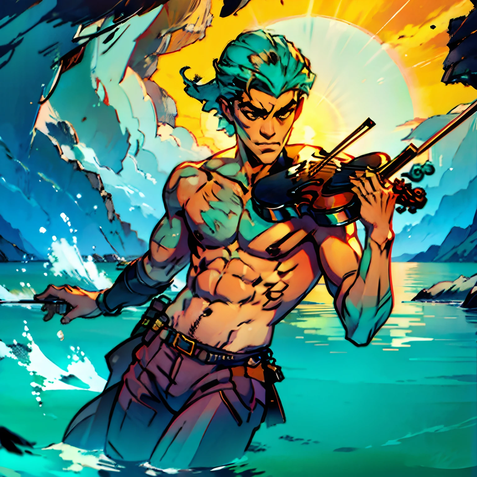 Turquoise sea,On board,Strong naked uncle playing violin,Facing the sun