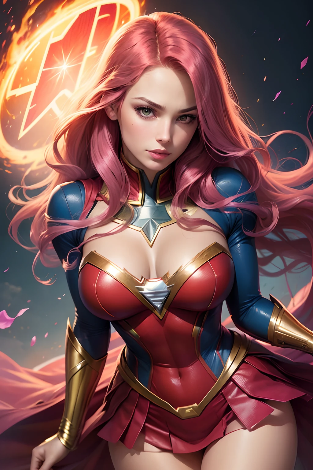 (best quality,ultra-detailed:1.2),beautiful sexy young woman,full kissable lips,long flowing pink hair,(realistic:1.37),(Marvel Comics:1.1),(DC Comics:1.1),(Phoenix Supergirl fusion), Jean Gray Kara, Zor-El Fusion), breasts,vivid colors,portrait,superhero,vibrant lighting,comic book style