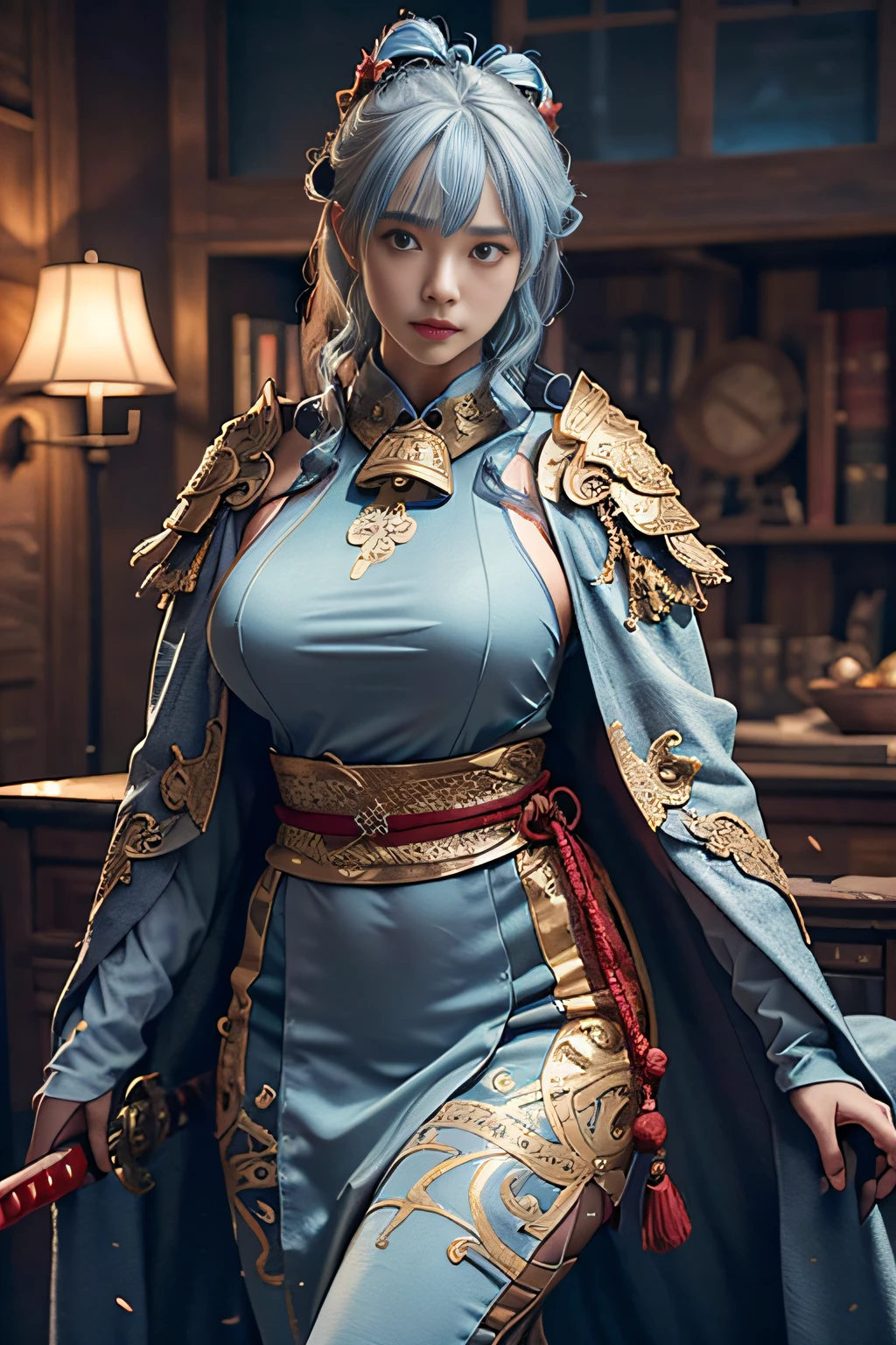 ((Jeizuo))),(((best qualit))),((ultra-detailliert)),(A hyper-realistic),(High Definition CG Illustration),Movie Light,Lifelike,(ganyu),Very beautiful young lady,Whirlwind,A bell hangs on his chest,(Beautiful face and lips),Light makeup,Intricate Details EBA,lightblue hair,blue cloak,Popular on ArtStation,Big thighs,fully body photo、Japanese Katana Sword、Japanese dress、huge tit