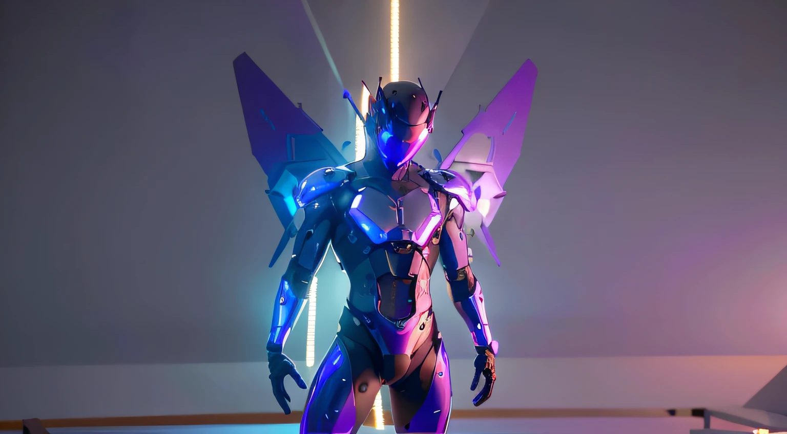 MALE. MAN. MAN. MALE..wings leds, divine paradise. neon blue and Purple butterfly wings leds. heavenly illumination. God. Holy robotic. levitating. Position of god. Deitado na cama. strong, robust and masculine body. fat arms. Position of divinity. Floating. divine statue, pedestal, holy pedestal. levitating. masterpiece, best quality, a close up of a futuristic looking cyborg man with a fantastic cyber helmet head with blue and Purple triangle led lights and a halo, full body, dancing. dance. synthwave ballad. silver pants. wearing a blue and Purple techwear jacket, white church in background. jump, full body, robotic legs. divine statue, pedestal, holy pedestal. neon blue and Purple butterfly wings leds. MASCULINE. MALE MASCULINE. Boy Muscular