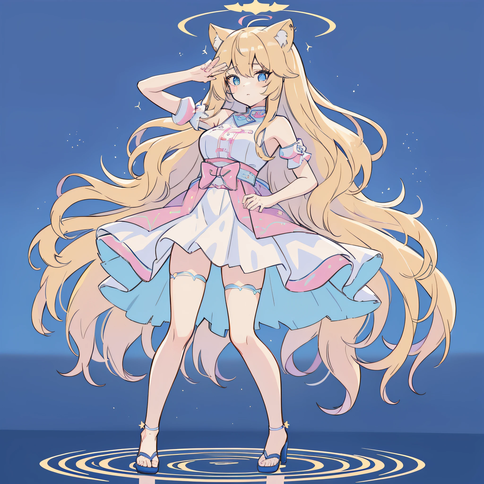 Full body,Raise your right hand up,、Holding the microphone in your left hand,独奏,hologram girl,the character is standing,full body Esbian,Blonde and long-haired girls with habits,Blue eyes,Ears of a lion-like beast, Lineless, an alien, Anoledo Rendering,Lightwave, A wavy ethereal presence, octan render