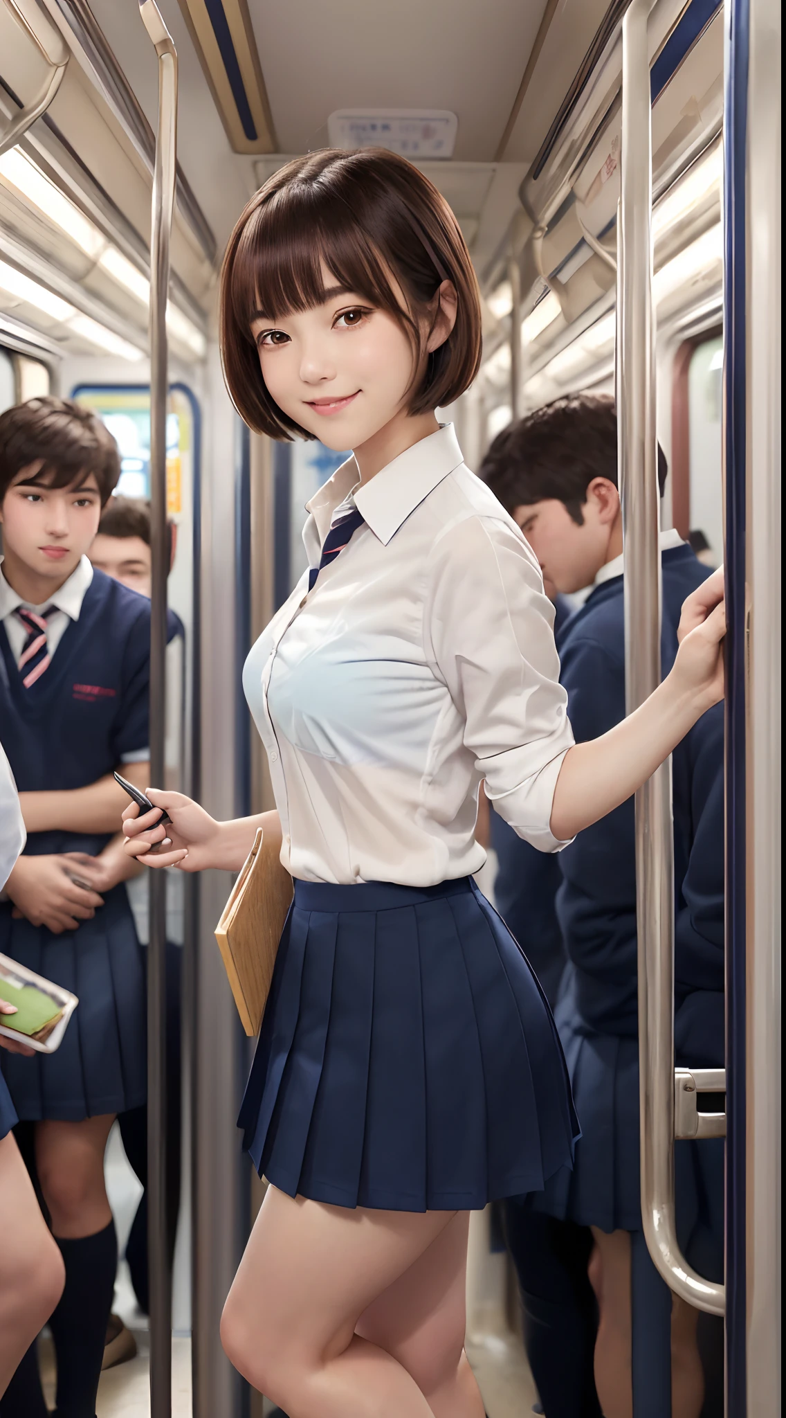 (8K, 超A high resolution, Best Quality, masutepiece:1.2),(18year old:1.2)、(Look away)、8K、RAW portrait of japanese girl、Photorealsitic、超A high resolution、top-quality、 (quite massive chest、Hide all breasts:1.2)(Beautiful High School Girl、White collared shirt、Navy pleated mini skirt pretty short:1.3)、(Stand in a crowded train full of high school students、Surrounded by high school boys:1.6) Charming smile、(Mushrooms cut for brown hair、Black loafers、Navy Socks:1.2)Drawing from the side