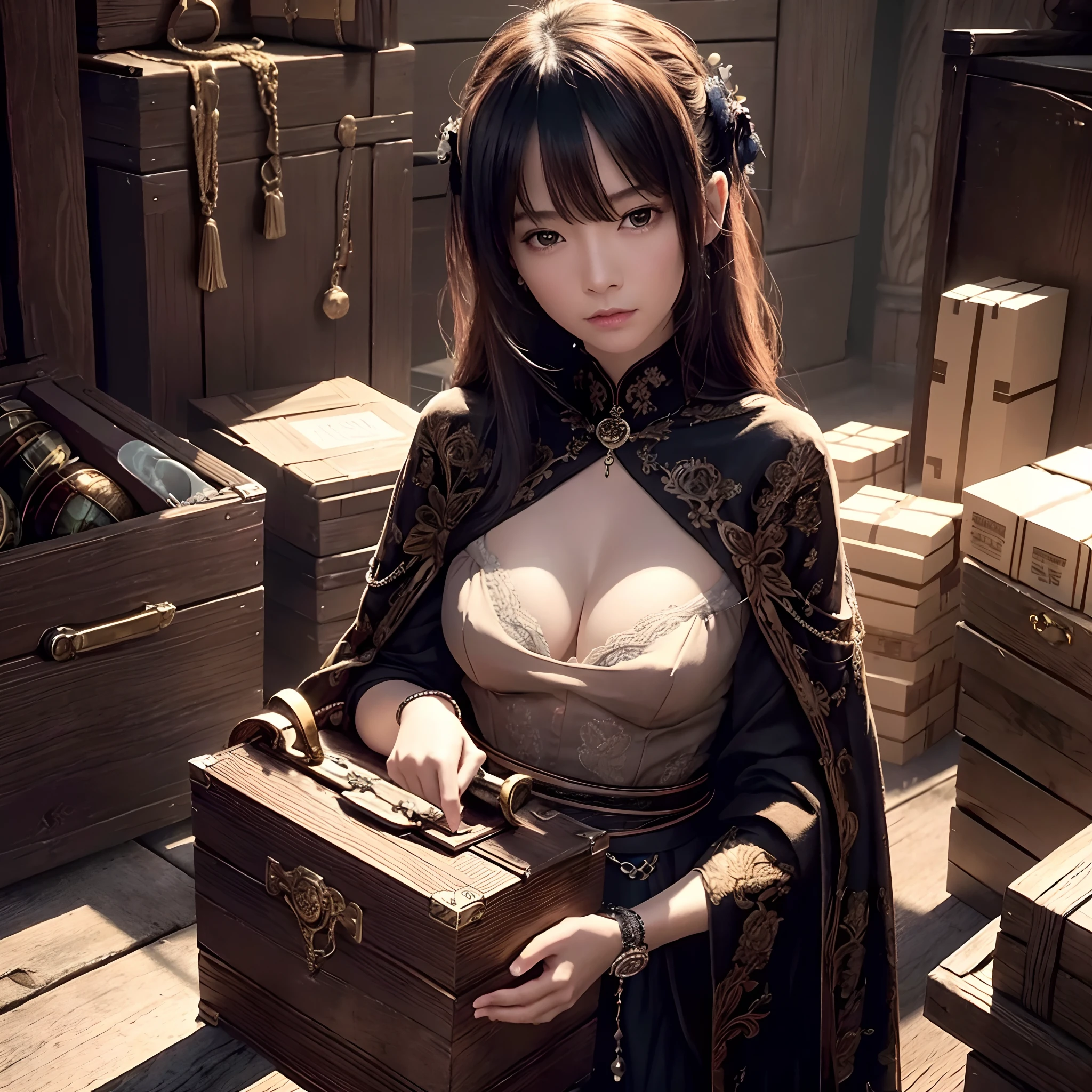 Photo, Piece of art, masutepiece, Super Detail, High quality, awardwinning, 8K, Photorealistic, Woman, Solo, boxes, Medium size, dark turbid color, In the storage room, Long shadows due to lighting, Mysterious, Pandora's Box, Fantastic background, Detailed fingers