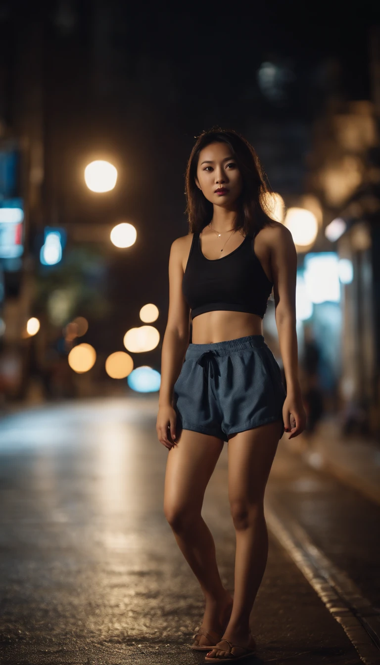Dark night over the city, cinematic photo shoot, realistic lighting, street, Chinese girl with beautiful body, beautiful face, wearing lounge shorts, OOTD