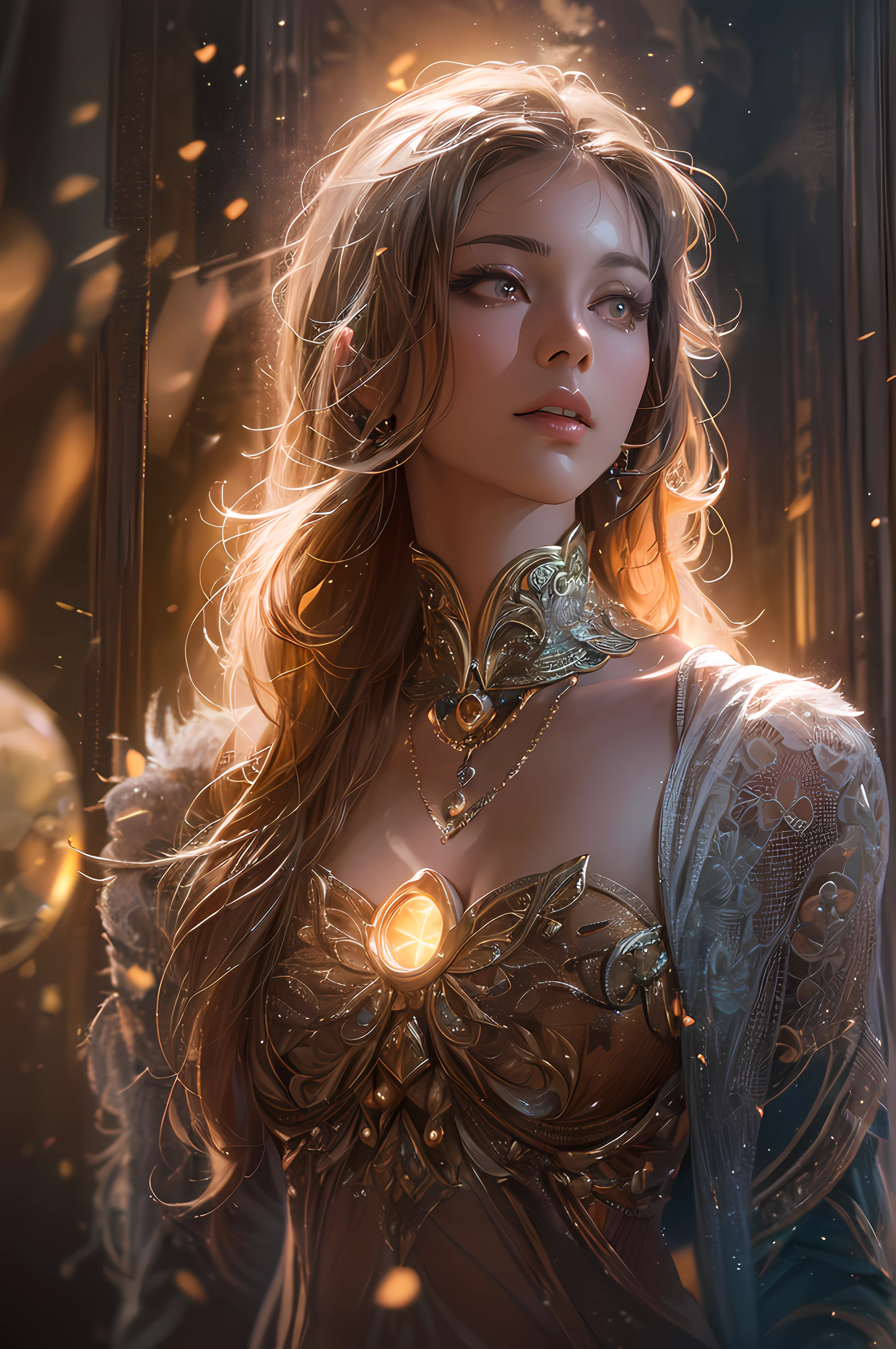 ((Highest quality)), ((outstanding detail)), ((super high resolution: 3.5)), (fidelity: 1.4), ((best illustration, favor details, perfect detail rendering, ultra HD, masterpiece, ultra high res)), (photorealistic:1.5), realistic oil art, raw photo, perfect brightness and darkness, light ray, perfect balance, smooth color transition, full body frame, shining light, perfect color layer, perfect color blur, perfect lighting, movement motion, photo manipulation, fantastical scenes, digital artistry, striking visuals , kinetic art, dynamic motion, captivating visuals, , warm soft lighting effect, (sparks:0.7), extremely detailed, (beautiful detailed glow), lens flare, backlighting, absurdres, (beautiful light effect), (((Fantasy))), A beautiful Women