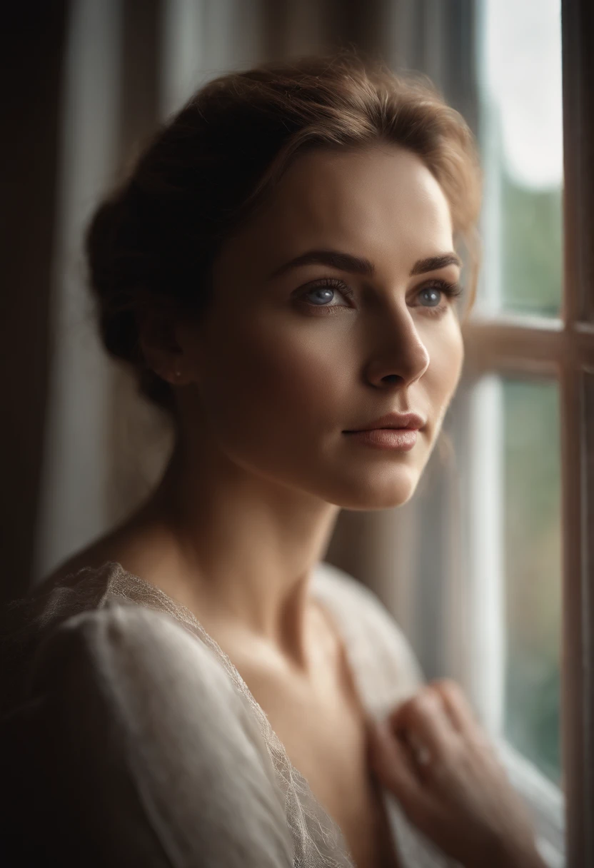 photo of a woman is sitting next to window, in the style of lisa holloway, renaissance-style, serene faces, close up, high resolution, focus on the eyes