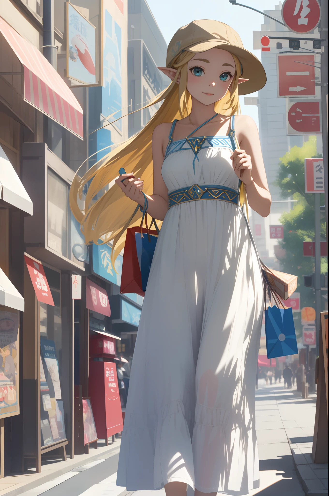 masterpiece, best_quality, 1girl in, 独奏, princess zelda, Nintendo, The Legend of Zelda, (sundress、shopping、Wear a hat)、department store、In the street、Walking around while looking at your phone
