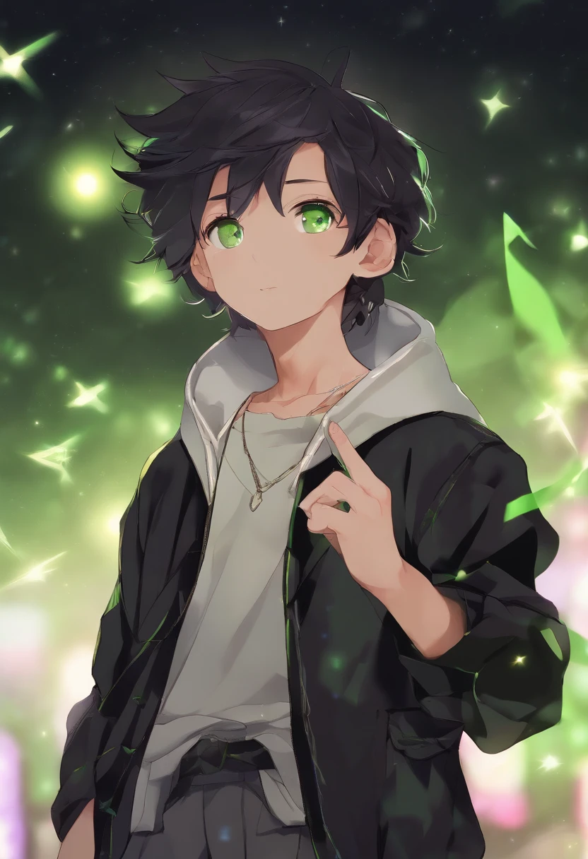 "Create an anime-style illustration of a young boy with intricate details. The boy should be holding a Pokéball in his hand and wearing black clothes with (((neon green stitching))). His skin should be (((tan))), and his hair should be (((black with purple highlights))). He should have a tired expression on his face. The background should depict a serene and starry night sky. Ensure the artwork is of (((high-quality))) and (((extreme detail))). Capture the weariness and depth of emotion in his eyes. Incorporate textures and colors to bring out the contrast between his clothing and the starry background. Three related artists for this style are Satoshi Tajiri, Ken Sugimori, and Shingo Yamashita."