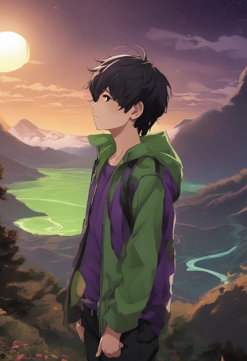 "Create an anime-style illustration of a young boy with intricate details. The boy should be holding a Pokéball in his hand and wearing black clothes with (((neon green stitching))). His skin should be (((tan))), and his hair should be (((black with purple highlights))). He should have a tired expression on his face. The background should depict a serene and starry night sky. Ensure the artwork is of (((high-quality))) and (((extreme detail))). Capture the weariness and depth of emotion in his eyes. Incorporate textures and colors to bring out the contrast between his clothing and the starry background. Three related artists for this style are Satoshi Tajiri, Ken Sugimori, and Shingo Yamashita."