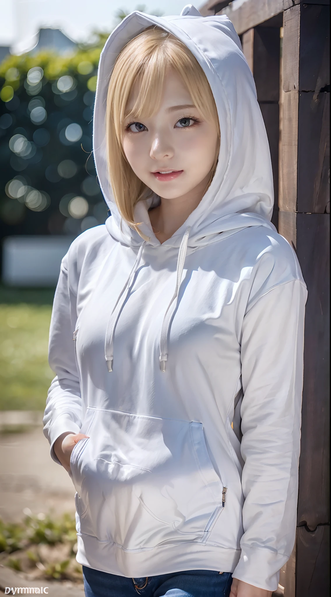 Sexy and very beautiful cute face、shiny beautiful skin、White beautiful skin、Beautiful pale light blue eyes, Beautiful very long blonde hair、(Blonde hair:1.3)、Sexy swaying bangs、18 years old cute little face beautiful girl、Long hoodie with hood、(Long white hoodie with hood:1.2)、casual pants、(dynamicposes:1.4)、
