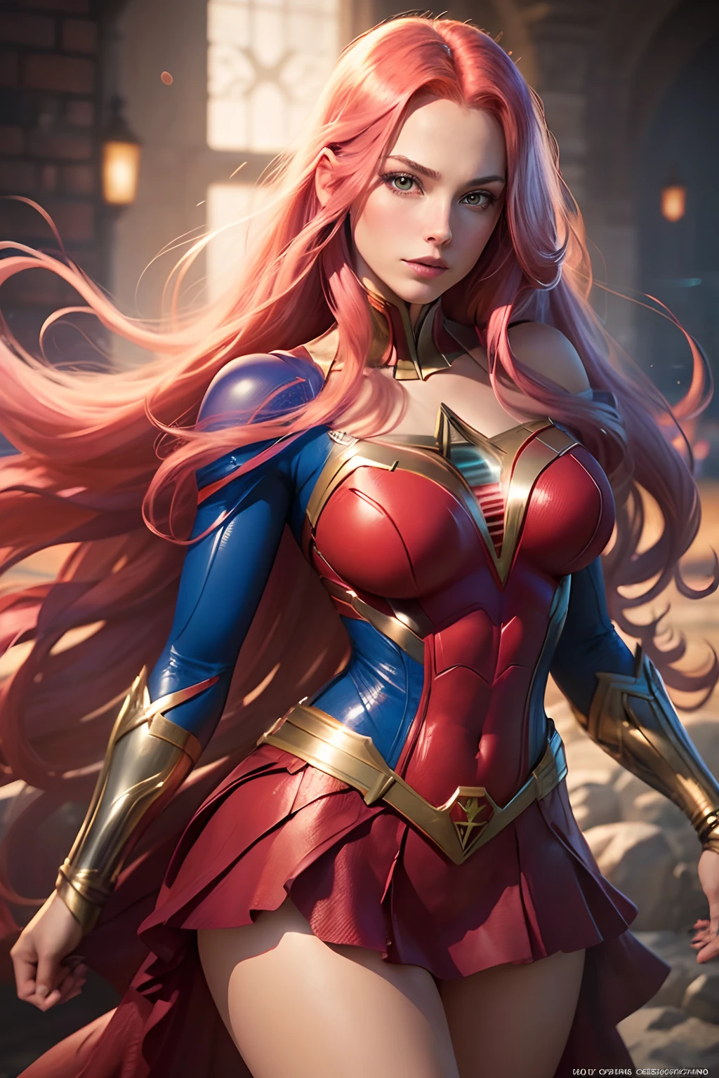 (best quality,ultra-detailed:1.2),beautiful sexy young woman,full kissable lips,long flowing pink hair,(realistic:1.37),(Marvel Comics:1.1),(DC Comics:1.1),(Phoenix Supergirl fusion), Jean Gray Kara, Zor-El Fusion), breasts,vivid colors,portrait,superhero,vibrant lighting,comic book style