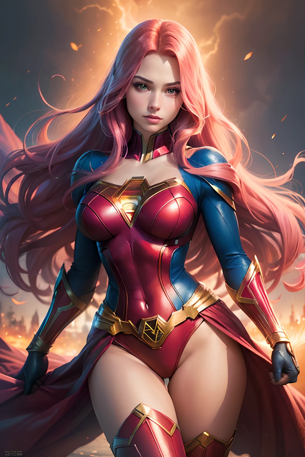 (best quality,ultra-detailed:1.2),beautiful sexy young woman,full kissable lips,long flowing pink hair,(realistic:1.37),(Marvel Comics:1.1),(DC Comics:1.1),(Phoenix Supergirl fusion), (Jean Gray Kara, Zor-El fusion), (X-MEN, Justice League fusion), breasts,vivid colors,portrait,superhero,vibrant lighting,comic book style