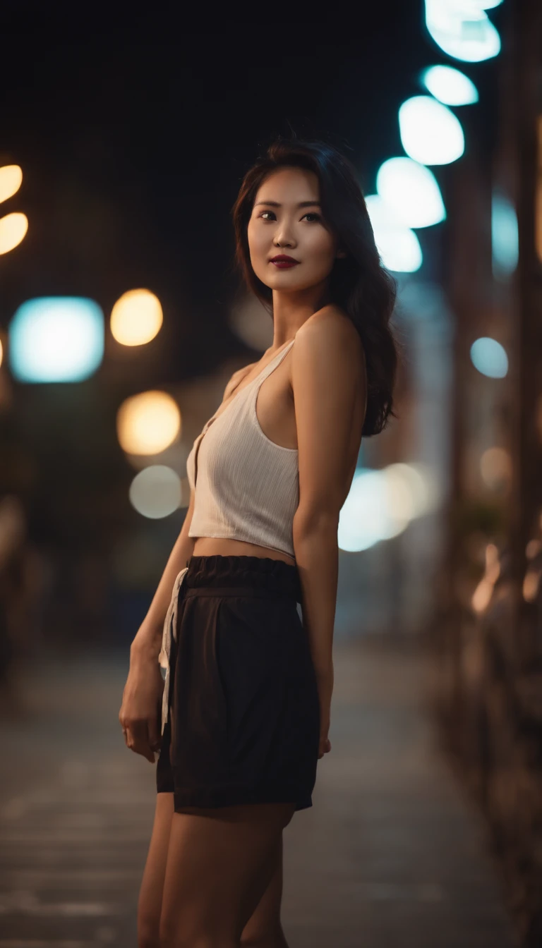 night over the city, 3 point lighting, cinematic photo shoot, realistic lighting, street, Chinese girl with beautiful body, beautiful face, wearing lounge shorts, OOTD, slim body, smiling at camera, seductive pose