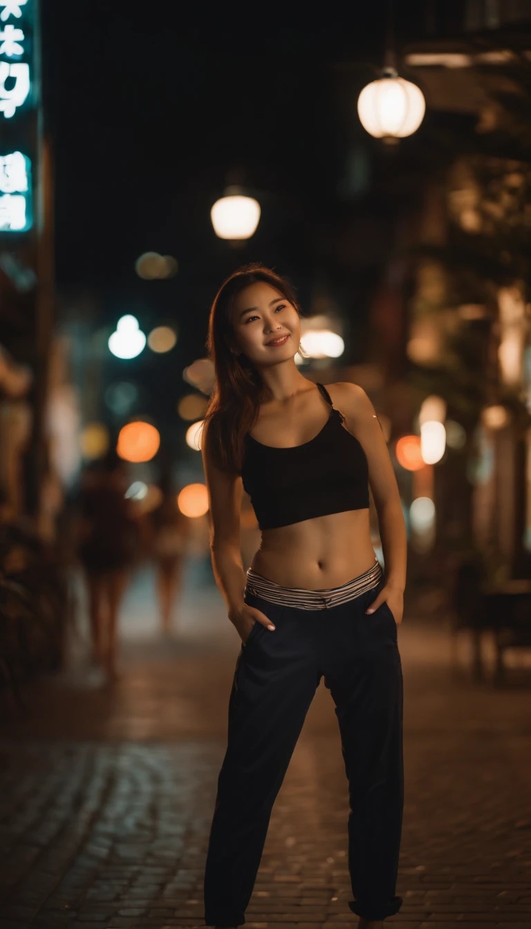 Aum Thaweeporn miss grand face focus, Portrait, glowing black eyes, Women's Style, one woman, asymmetrical smooth, smooth, black hair, goodid, good, staring at camera, smile, nighttime, city, bob, abdomen, red lips, shirt, alone, stand, goodid, upper body, underwear, pink underwear, perfect body lines, beautiful kubire, beautiful, mischievous face