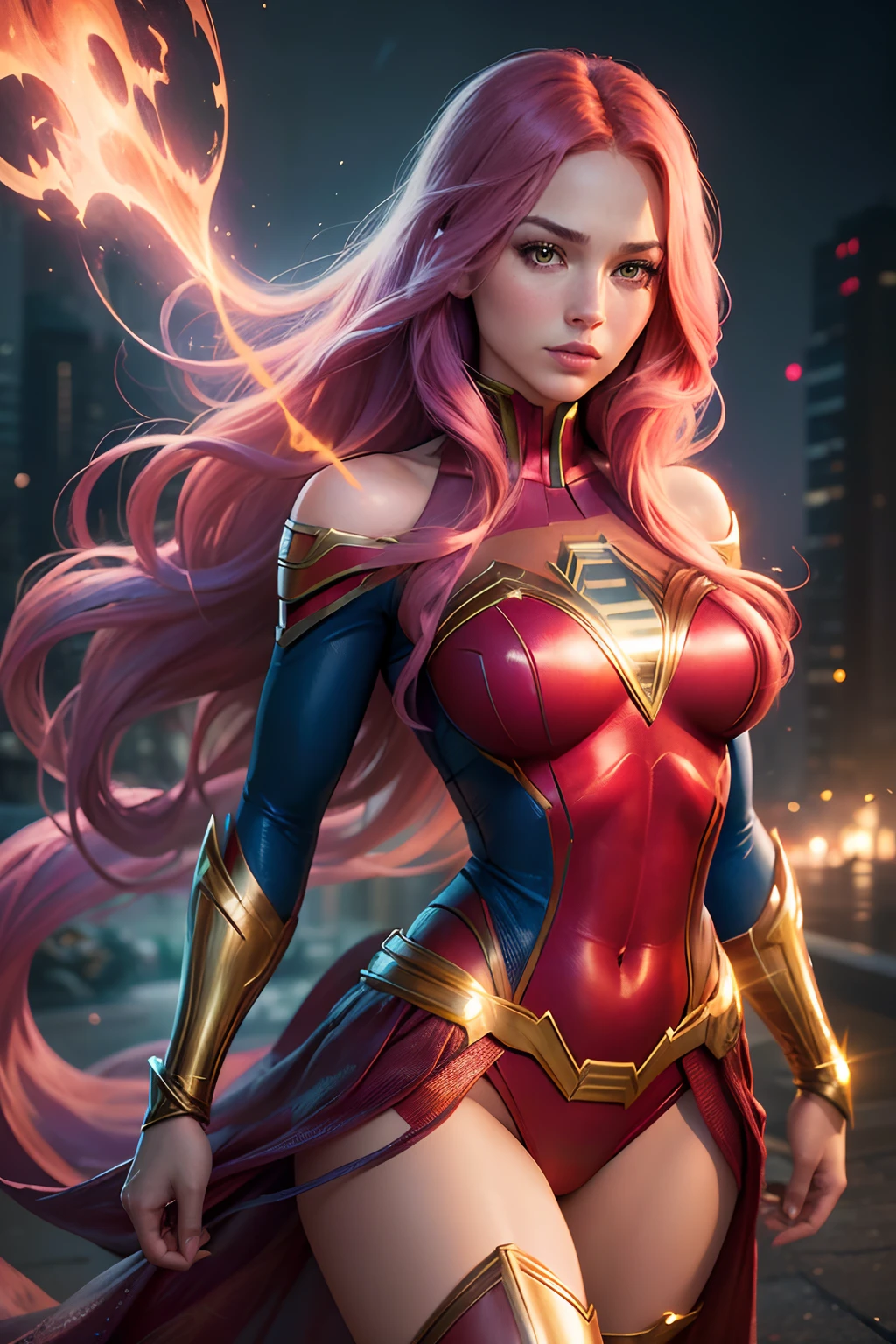 (best quality,ultra-detailed:1.2),beautiful sexy young woman,full kissable lips,long flowing pink hair,(realistic:1.37),(Marvel Comics:1.1),(DC Comics:1.1),(Phoenix Supergirl fusion), (Jean Gray Kara, Zor-El fusion), (X-MEN, Justice League fusion), breasts,vivid colors,portrait,superhero,vibrant lighting,comic book style