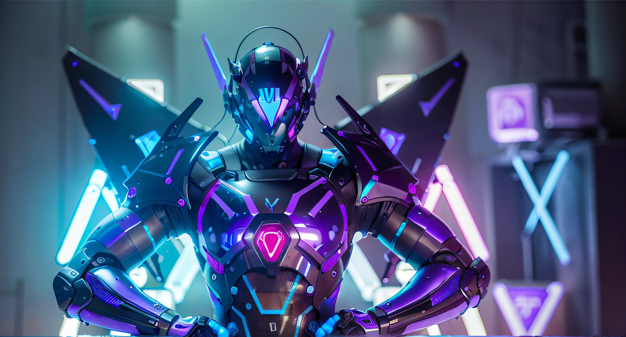 MALE. MAN. MAN. MALE..wings leds, divine paradise. neon blue and Purple butterfly wings leds. heavenly illumination. God. Holy robotic. levitating. Position of god. Deitado na cama. strong, robust and masculine body. fat arms. Position of divinity. Floating. divine statue, pedestal, holy pedestal. levitating. masterpiece, best quality, a close up of a futuristic looking cyborg man with a fantastic cyber helmet head with blue and Purple triangle led lights and a halo, full body, dancing. dance. synthwave ballad. silver pants. wearing a blue and Purple techwear jacket, white church in background. jump, full body, robotic legs. divine statue, pedestal, holy pedestal. neon blue and Purple butterfly wings leds. MASCULINE. MALE MASCULINE. Boy Muscular